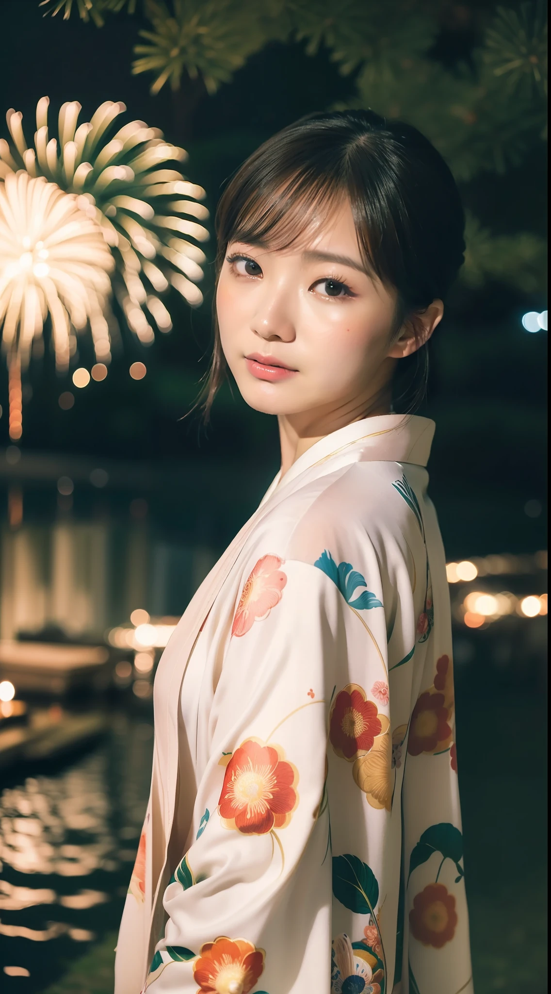 Fireworks Festival、 nights、Japan actress Fuka Koshiba 1 girl、body complet、obscure、kimono、(delicate illustration:1.4)、(tmasterpiece:1.0)、(Best Quority:1.4)、(ultra-high-resolution:1.2)、(photoreallistic:1.4)、(8k、 RAW Photography:1.2)、(softfocus:1.4)、(18 years-old:1.3)、(foco nítido:1.4)、(Renaissance art:1.4)、Detailed Beauty Face