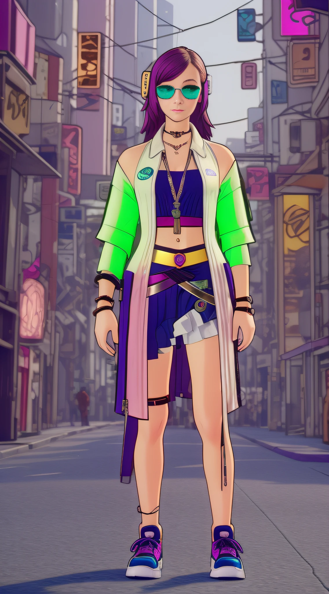 Cyberpunk Girl wearing a phosphorescent yellow green clothes and sneakers