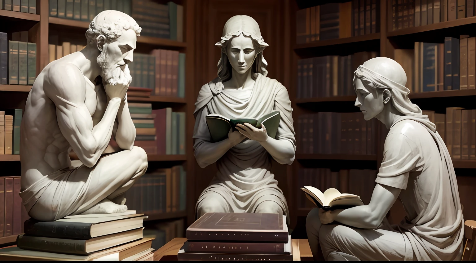 Gray statue, de filosofos antigos, eles estao dentro de uns cantelos, lendo livros antigos --auto