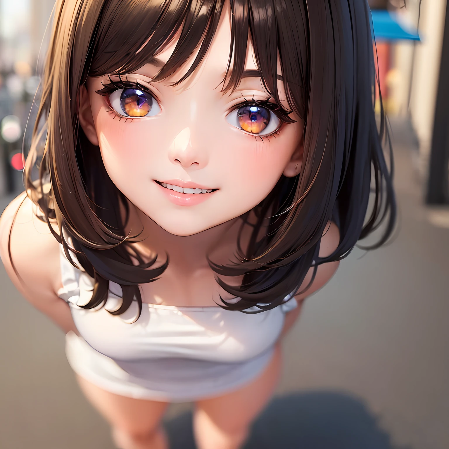((Best quality, 8k, Masterpiece :1.3)), 1girl, smiling, full body, slim face, Pretty woman, (Dark brown hair), full length dress :1.1, Ultra-detailed face, Detailed eyes, Double eyelid, blur background, slim face, city, outside, street, --auto