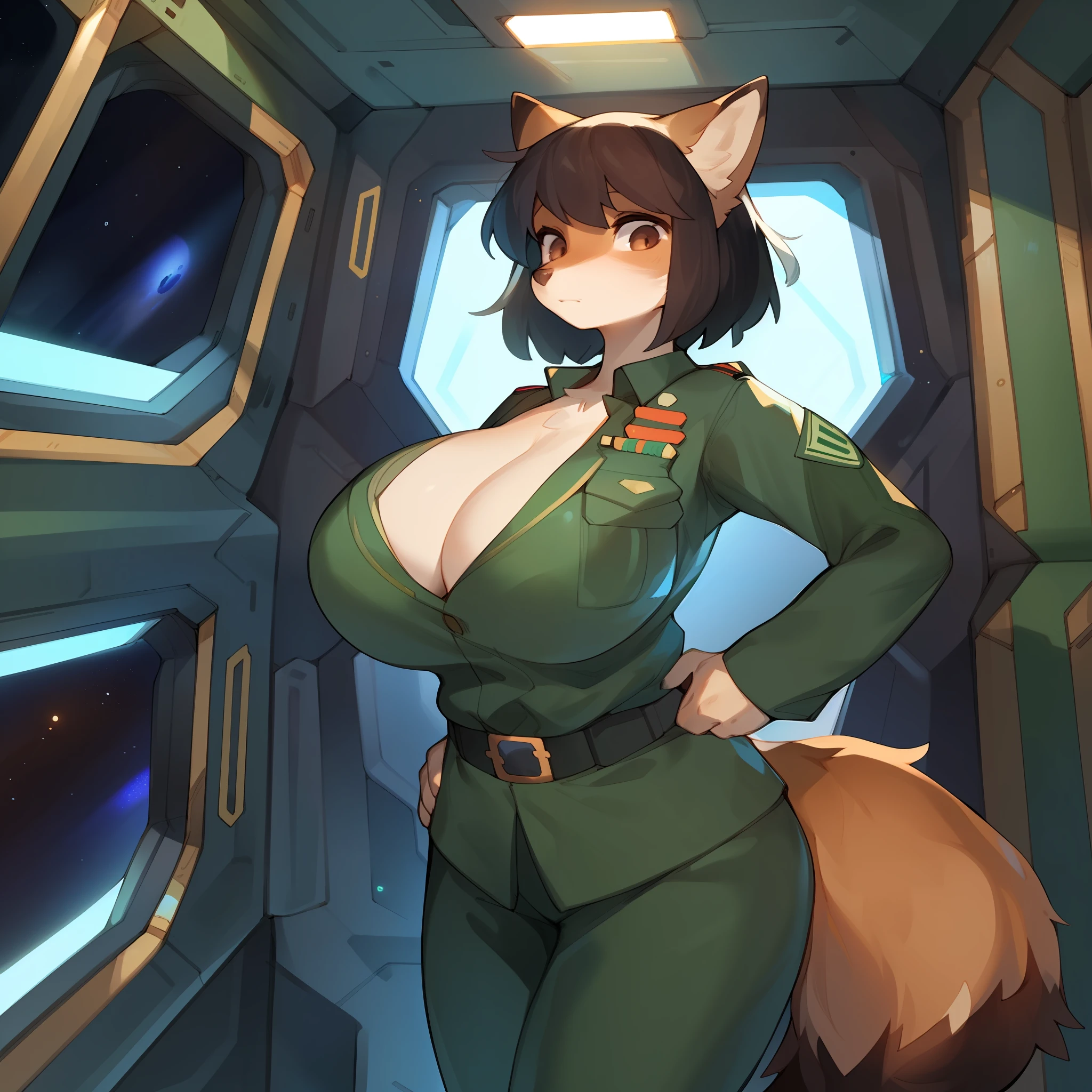 Solo, female, standing, (((green Japanese military uniform))), big breasts, black hair, short hair, canine, tan fur, brown fox, brown eyes, standing at the controls of a spaceship, window, space, by bebebebebe, by spuydjeks, by spikedmauler