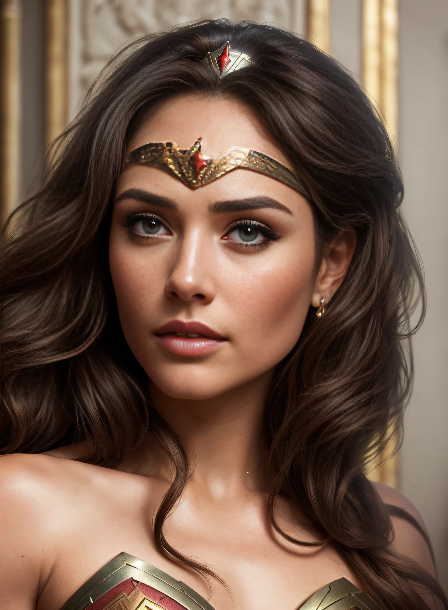 (Retrato impressionante da Mulher Maravilha), (Ultra-realistic 16K resolution), Ana de Armas, a talentosa atriz, lindamente vestida como Mulher Maravilha, in a breathtaking costume that perfectly captures the essence of the iconic superhero, seu cabelo escuro fluindo com movimento realista, Lovely brown eyes with realistic pupils and irises, Radiant and flawless skin with natural pores, Strong physique and in shape befitting the powerful Amazonian warrior, Confidently embodying the heroic personality, adorned with Wonder Woman's iconic Tiara, bracelets and bow, surrounded by a realistic setting that depicts a heroic and dynamic setting, Realistic lighting that increases realism and depth of portrait.