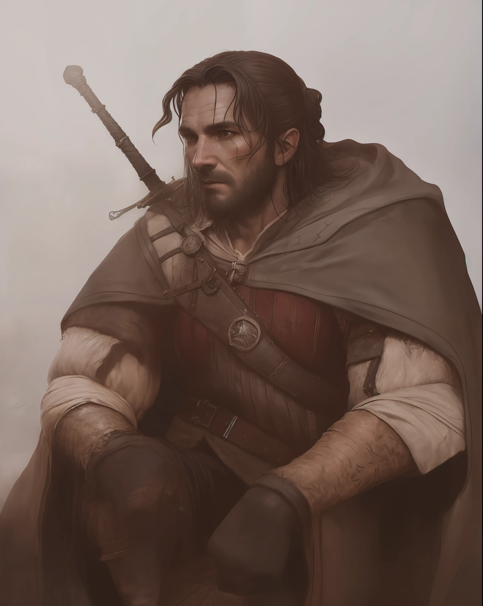 An actor Clive Standen as the Witcher, with a sword and a cape, he has a red scar on his face, the witcher concept art, epic portrait of menacing, character portrait art, painted character portrait, detailed character portrait, character art portrait, fantasy genre portrait, fantasy character portrait, character - portrait, epic character portrait, rpg portrait concept art, The witcher 3, realistically, dynamic lights, old, full footage, (extremely detailed 8k wallpaper of CG unit), trend in ArtStation, trend in CGSociety, high detail, sharp focus, dramatic, photorealistic