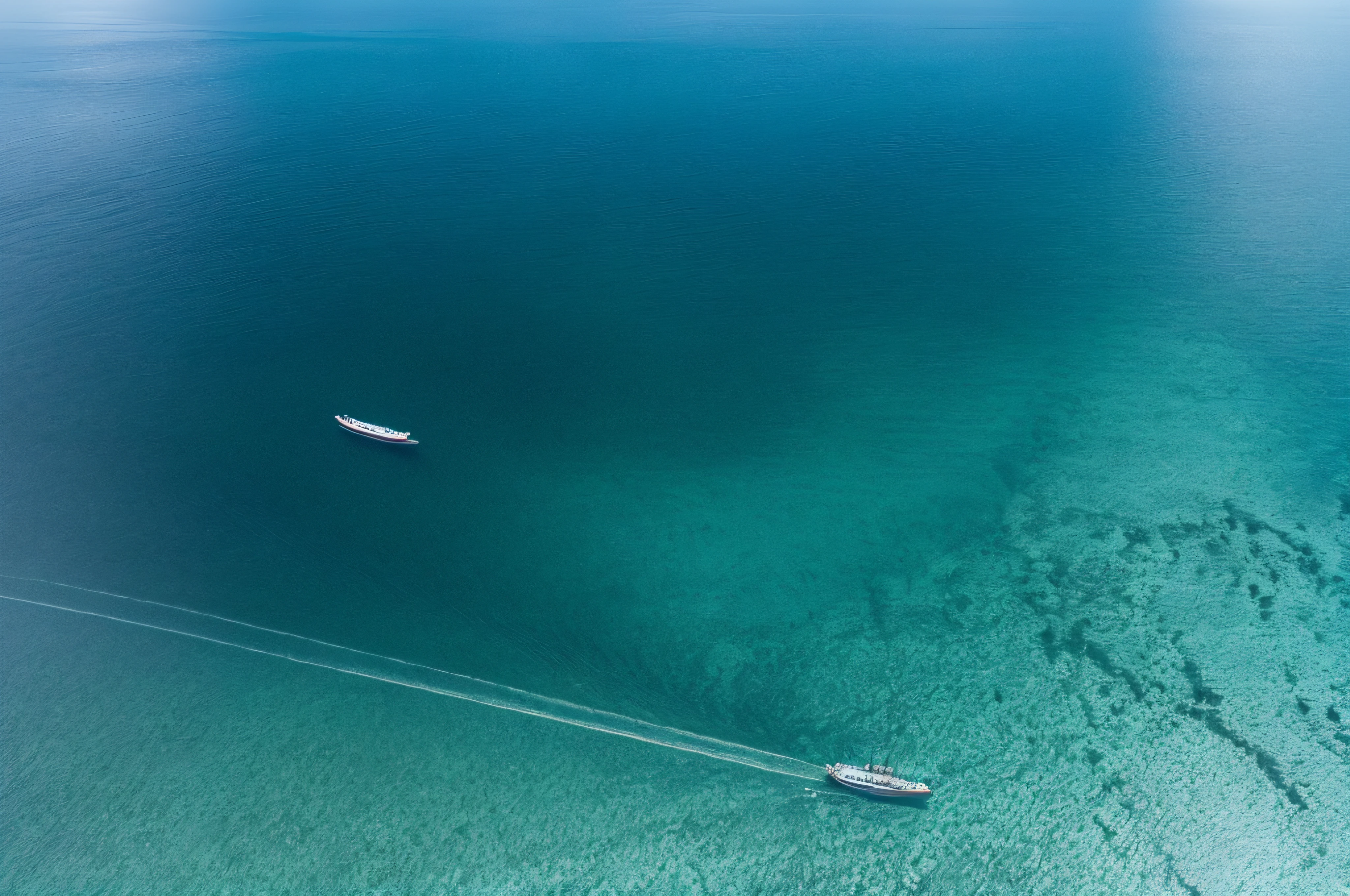There are two boats sailing underwater, View from the top of the seascape, Ship fleet on the horizon, Ships at sea, Taken from above, Crossing the Blue Horizon, flying over the ocean, Photo Shot, Perspective shot from the sky, by Richard Carline, Photo in the middle of the sea, shot from drone, Over Head Shot, Ships