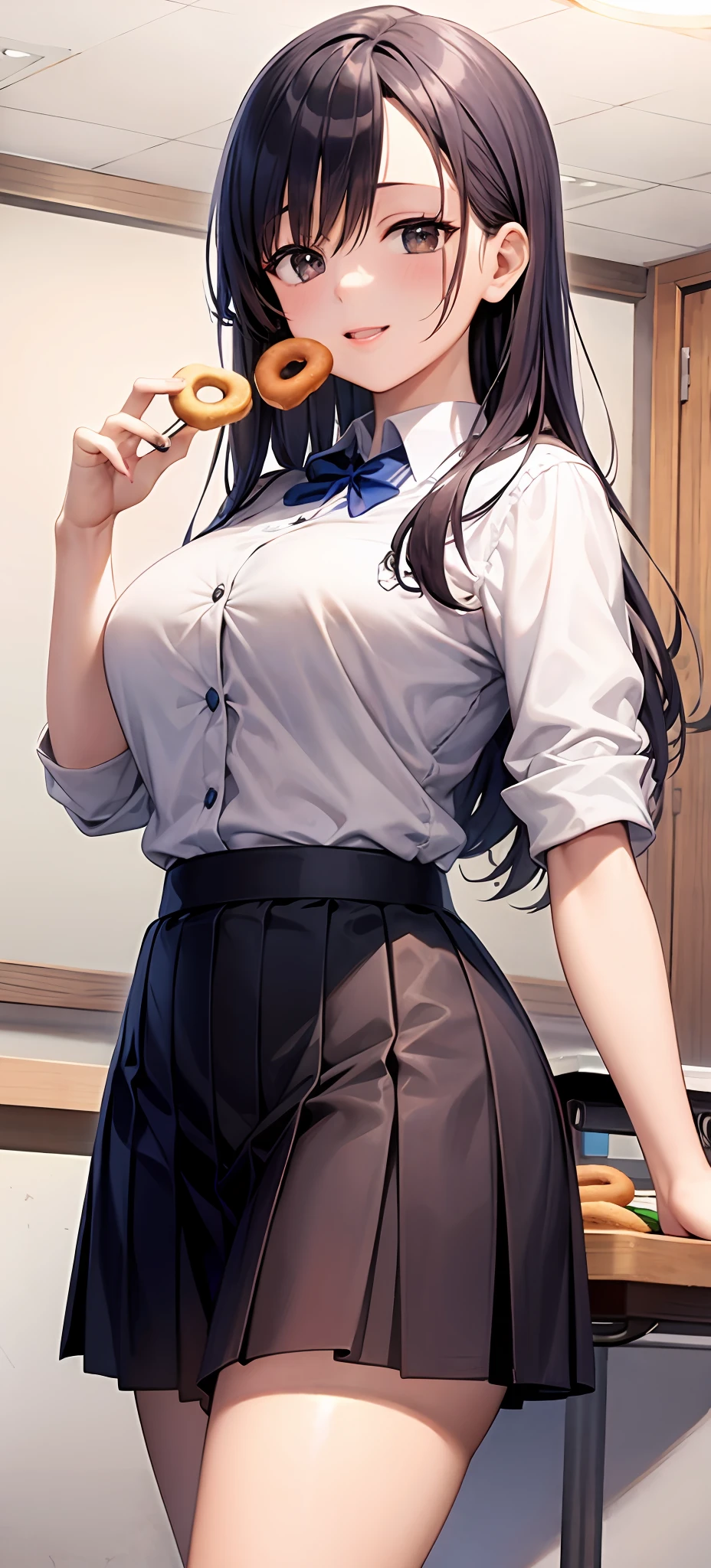 Anime girl in uniform eating donuts in room, Seductive Anime Girl, Smooth Anime CG Art, Ecchi anime style, Ecchi style, Ecchi, Chic, a hyperrealistic schoolgirl, Anime Girls, Realistic Schoolgirl, high detailed official artwork, a hyperrealistic schoolgirl, Fine details. girls' frontline, Kantai Collection Style Crouch