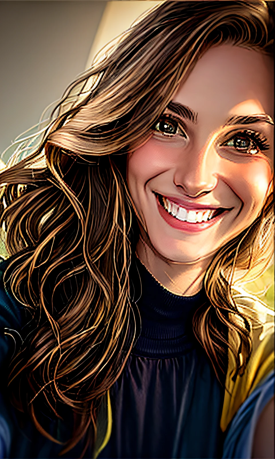 A closeup of a long-haired woman smiling for the camera, happily smiling at the camera, selfie de uma jovem mulher, 30 anos, close-upheadshot impressionante, grande sorriso em seu rosto, She is grinning, mulher de 30 anos, sem camisa mostrando os ombros pele clara