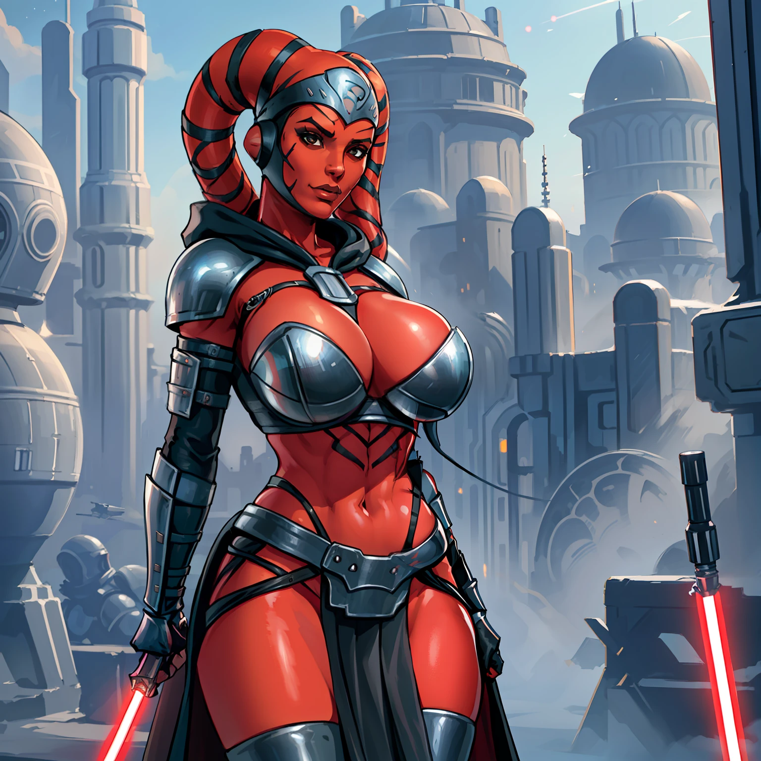 busty, masterpiece, best quality, highly detailed, award winning, high definition, ((red skin), twi'lek), dual red lightsabers, evil space knight, space ninja, (black robes, black stealth armor, breastplate, tunic, tabard, cowl, cloak, body glove, straps, buckles, skirts, long sleeves, fantasy, ((armor))), ((busty), slender body, thin, slim sexy body, slim waist, (((huge breasts)))), Imperial starship, Star Wars,