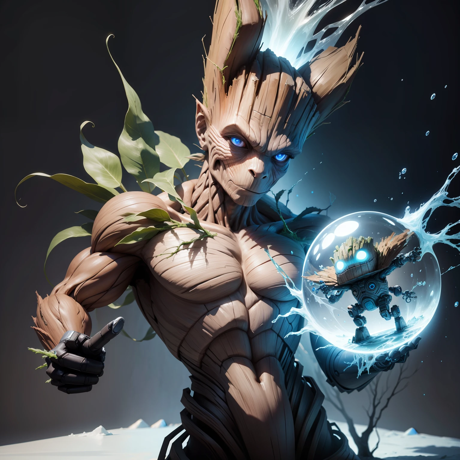 Draw for me the groot with its body half ice and the other half robot ultra-realistic and detailed. --auto