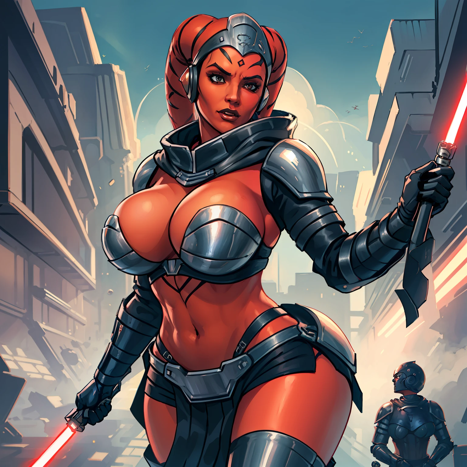 busty, masterpiece, best quality, highly detailed, award winning, high definition, ((red skin), twi'lek), dual red lightsabers, evil space knight, space ninja, (black robes, black stealth armor, breastplate, tunic, tabard, cowl, cloak, body glove, straps, buckles, skirts, long sleeves, fantasy, ((armor))), ((busty), slender body, thin, slim sexy body, slim waist, (((huge breasts)))), Imperial starship, Star Wars,