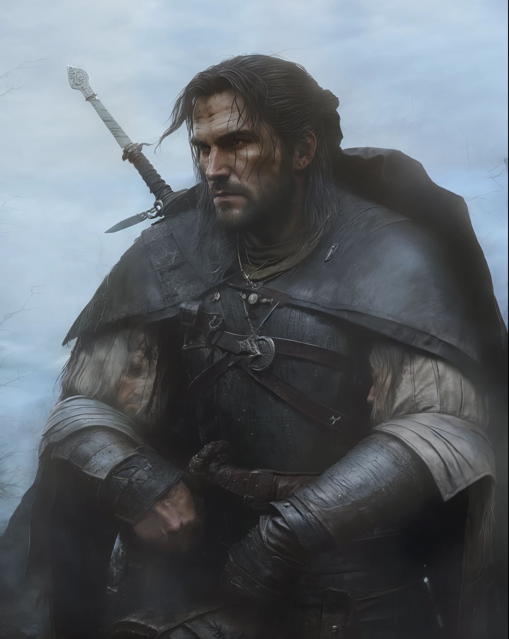 An actor Clive Standen as the Witcher, with a sword and a cape, he has a red scar on his face, the witcher concept art, epic portrait of menacing, character portrait art, painted character portrait, detailed character portrait, character art portrait, fantasy genre portrait, fantasy character portrait, character - portrait, epic character portrait, rpg portrait concept art, The witcher 3, realistically, dynamic lights, old, full footage, (extremely detailed 8k wallpaper of CG unit), trend in ArtStation, trend in CGSociety, high detail, sharp focus, dramatic, photorealistic