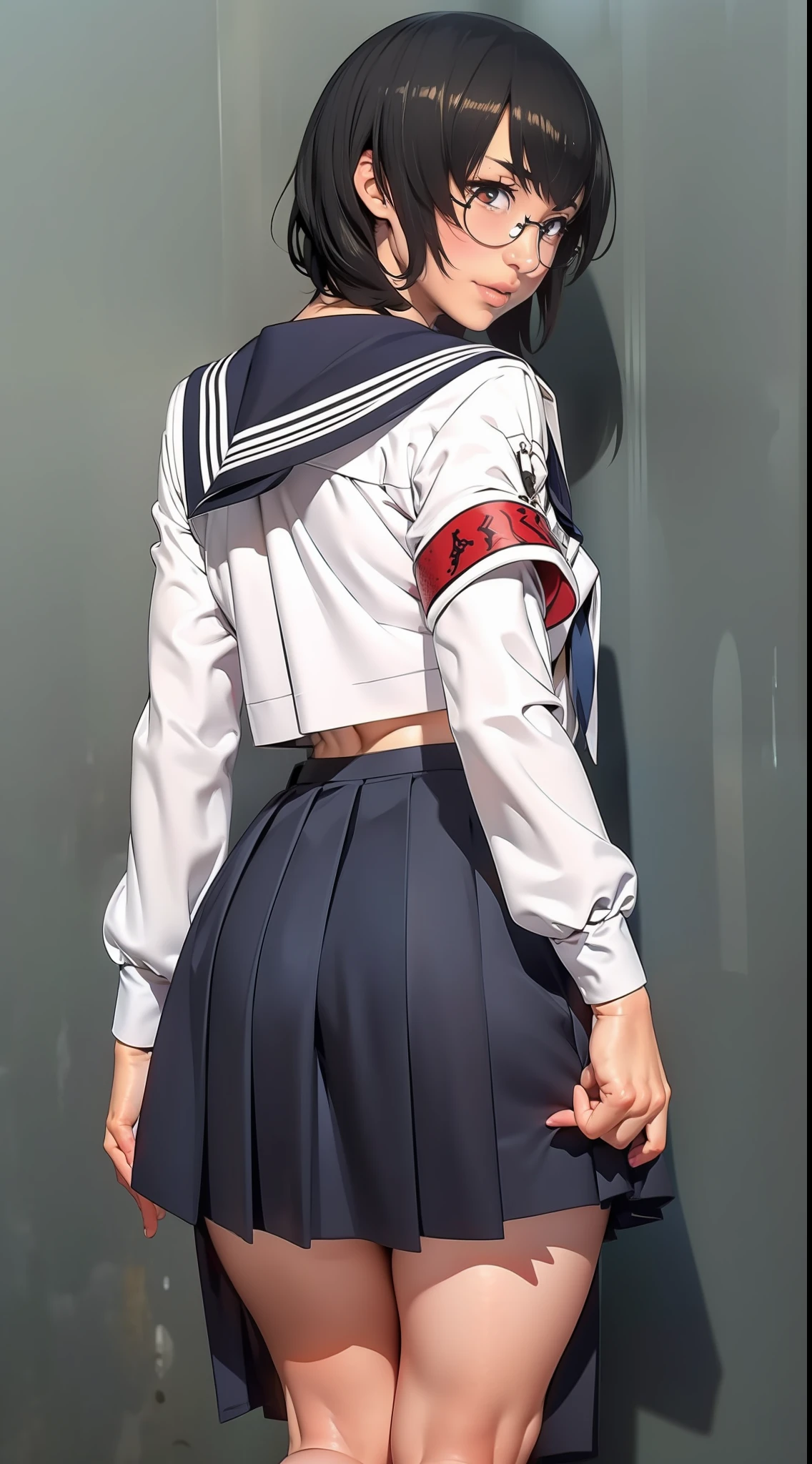 Suzuka, atarashii gakko, black hair, short straight hair, glasses, seifuku sailor school uniform, small breasts, white top, long blue skirt, long sleeves, long skirt, socks, and shoes, Wallpaper, Standing, luscious lips, back side view, pantyline view, view from behind, tight skirt, close up