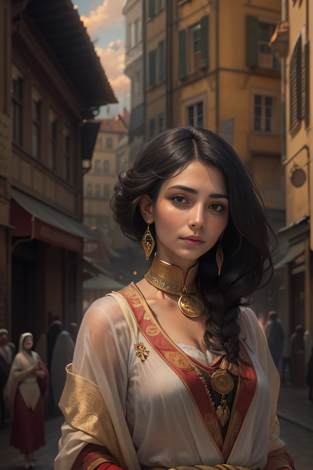 A beautiful woman,orientalisch wirkende frau,orientalisch gekleidet,Beautiful woman in the foreground,stadt weit im hintergrund,Beautiful woman looks at the camera,vor schwarzem hintergrund,blur