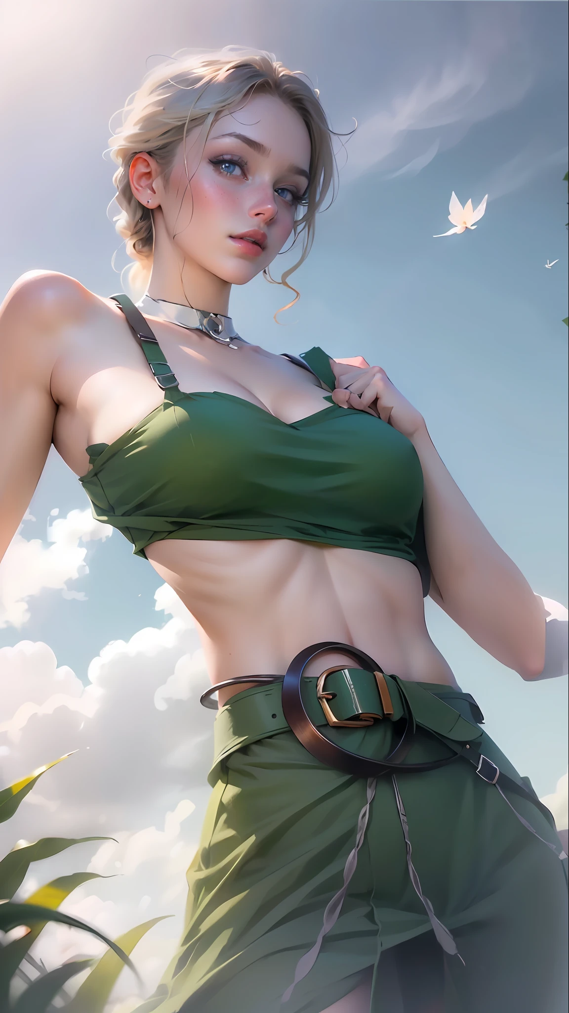 (best quality)), ((masterpiece)), ((realistic)), (detailed), detailed face,supergirl Beautiful woman (20 years old, long blonde hair, blue eyes) defined body, detailed, using tube dress cosplay supergirl suite,(((huge breasts)))