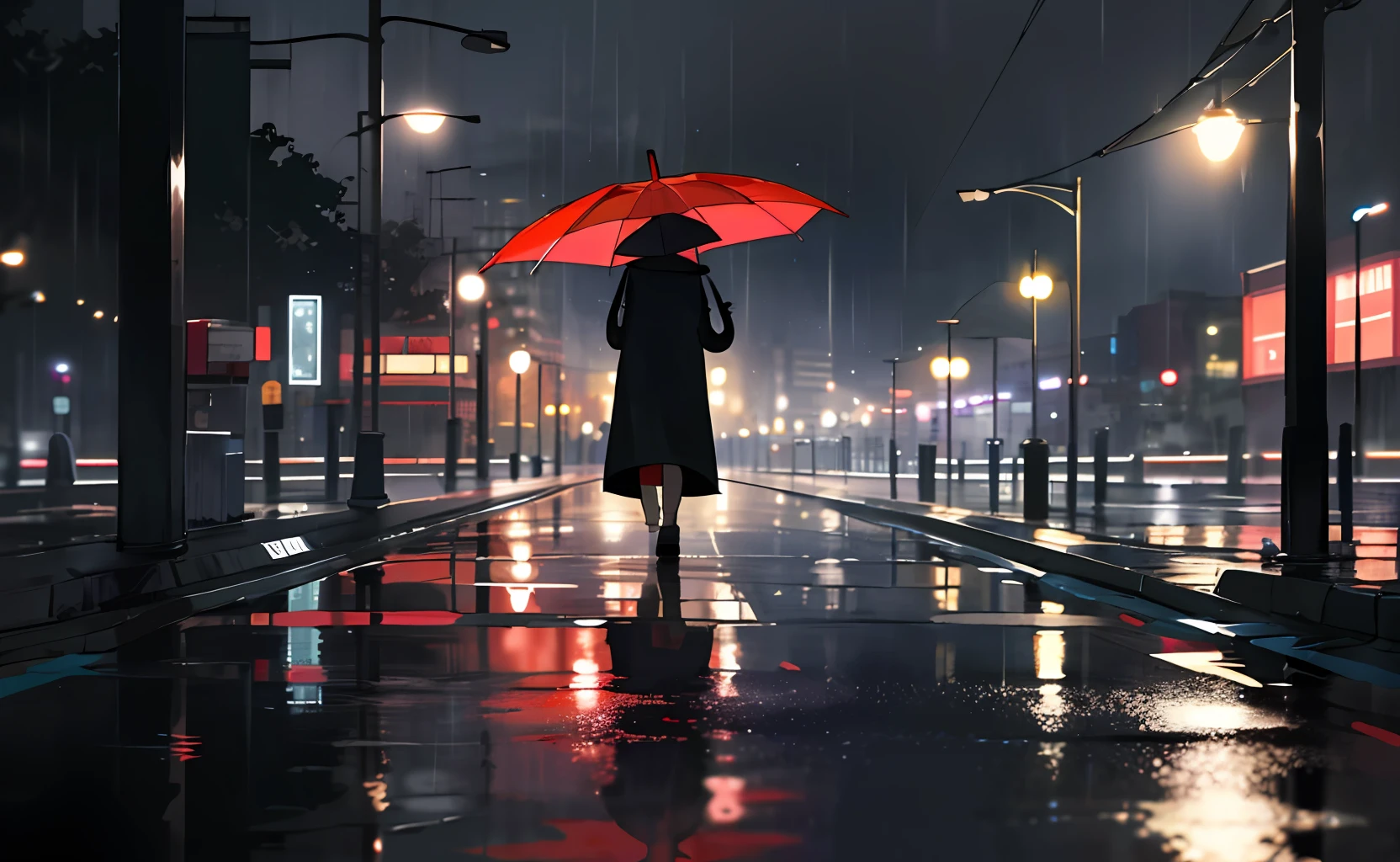 Dark and rainy nights，There is only one person walking on the street，Slightly reflective ground，The back of the umbrella walked alone，8K，Top detailing