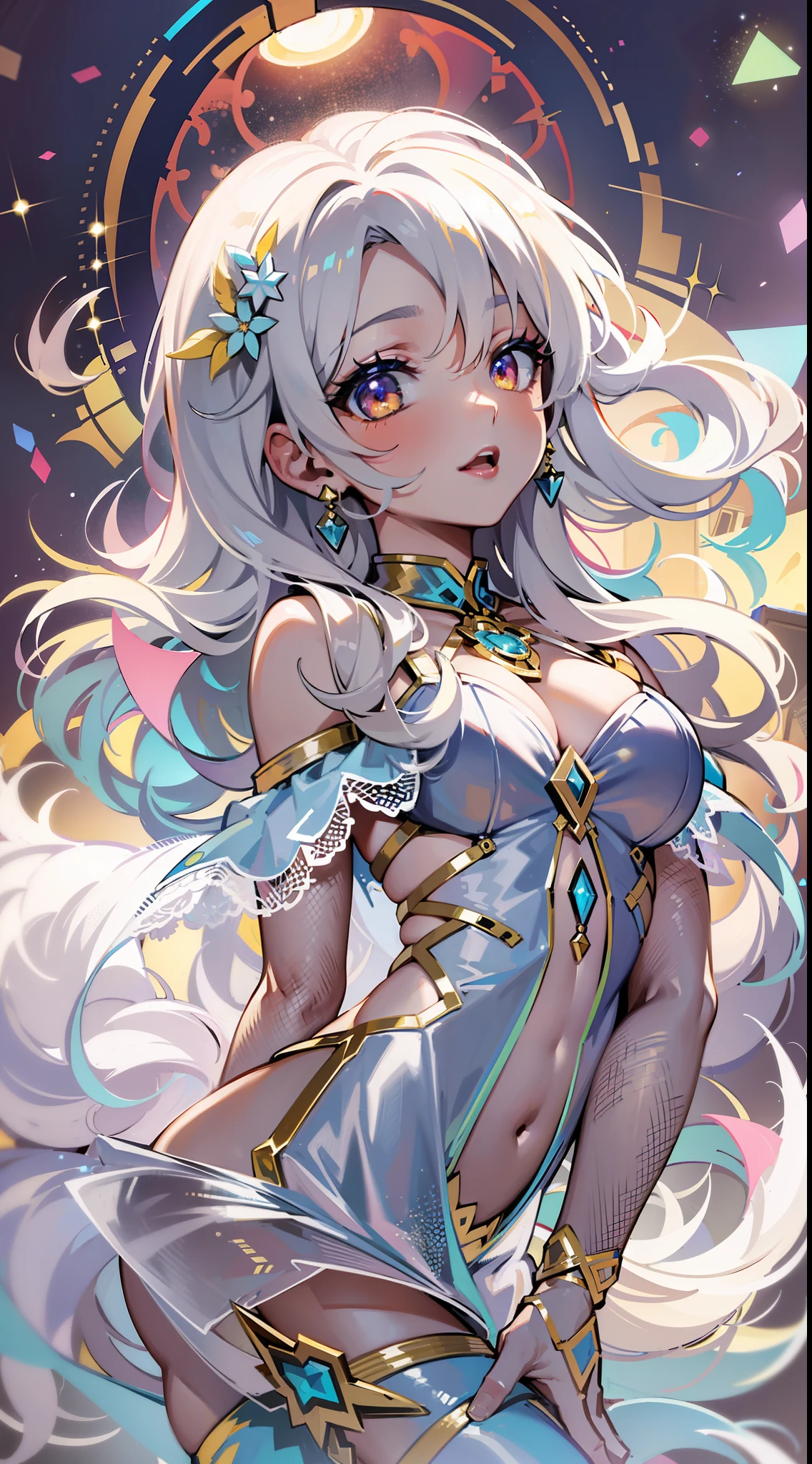 ((Masterpiece)), best quality, absurderes, ultra detailed, 8k, dynamic pose, super complex details, intricate details, holographic, cowboy shot, golden ratio, super cute girl, neon aura, delicate and beautiful face, mature girl, super beautiful asian girl with super beautiful glowing eyes, super beautiful glowing multicolored hair, nice and sexy body, slim body, perfect body, wearing magical lingerie, celestial hair ornament, in a marshmallow world