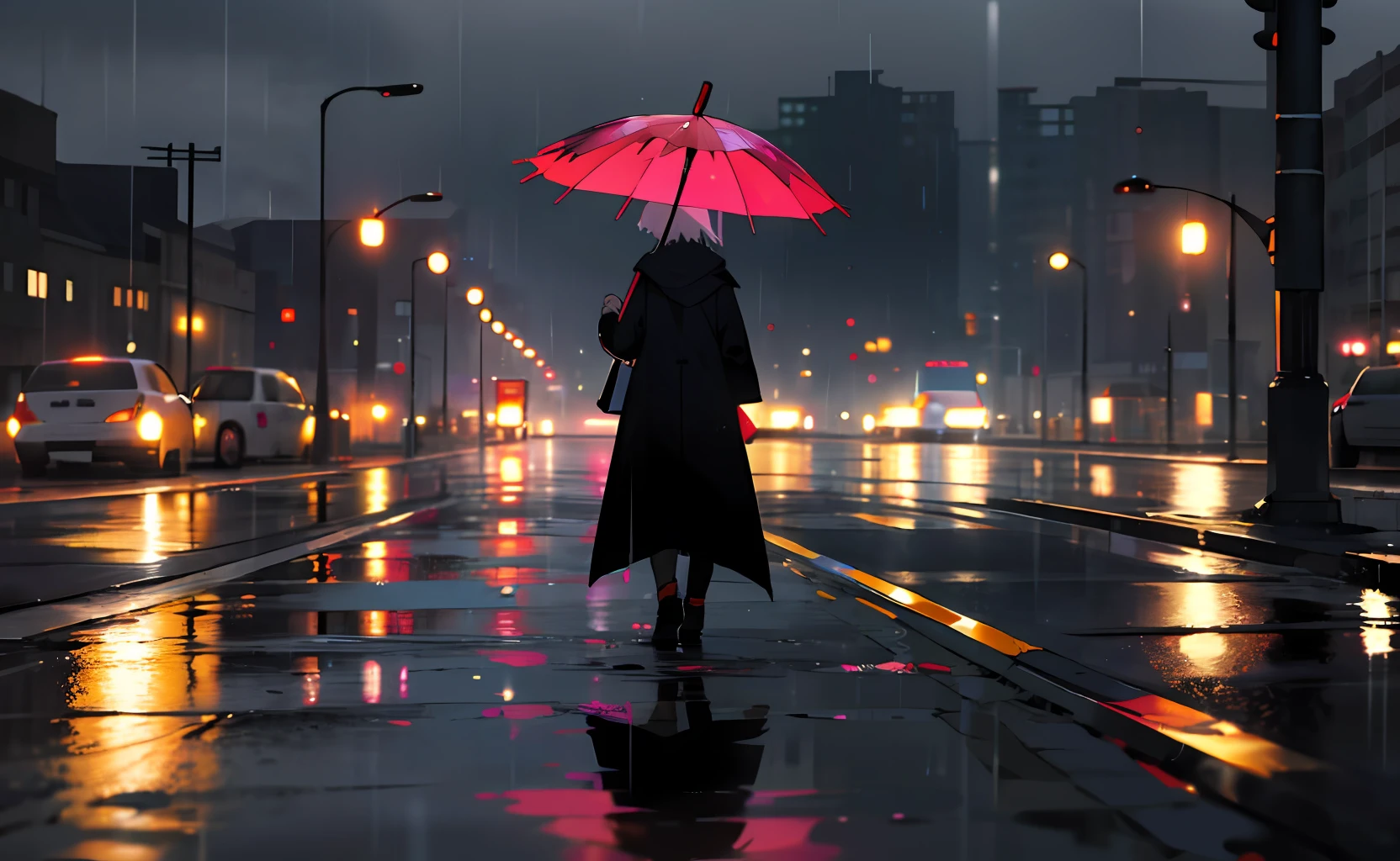 Dark and rainy nights，There is only one person walking on the street，Slightly reflective ground，The back of the umbrella walked alone，8K，Top detailing