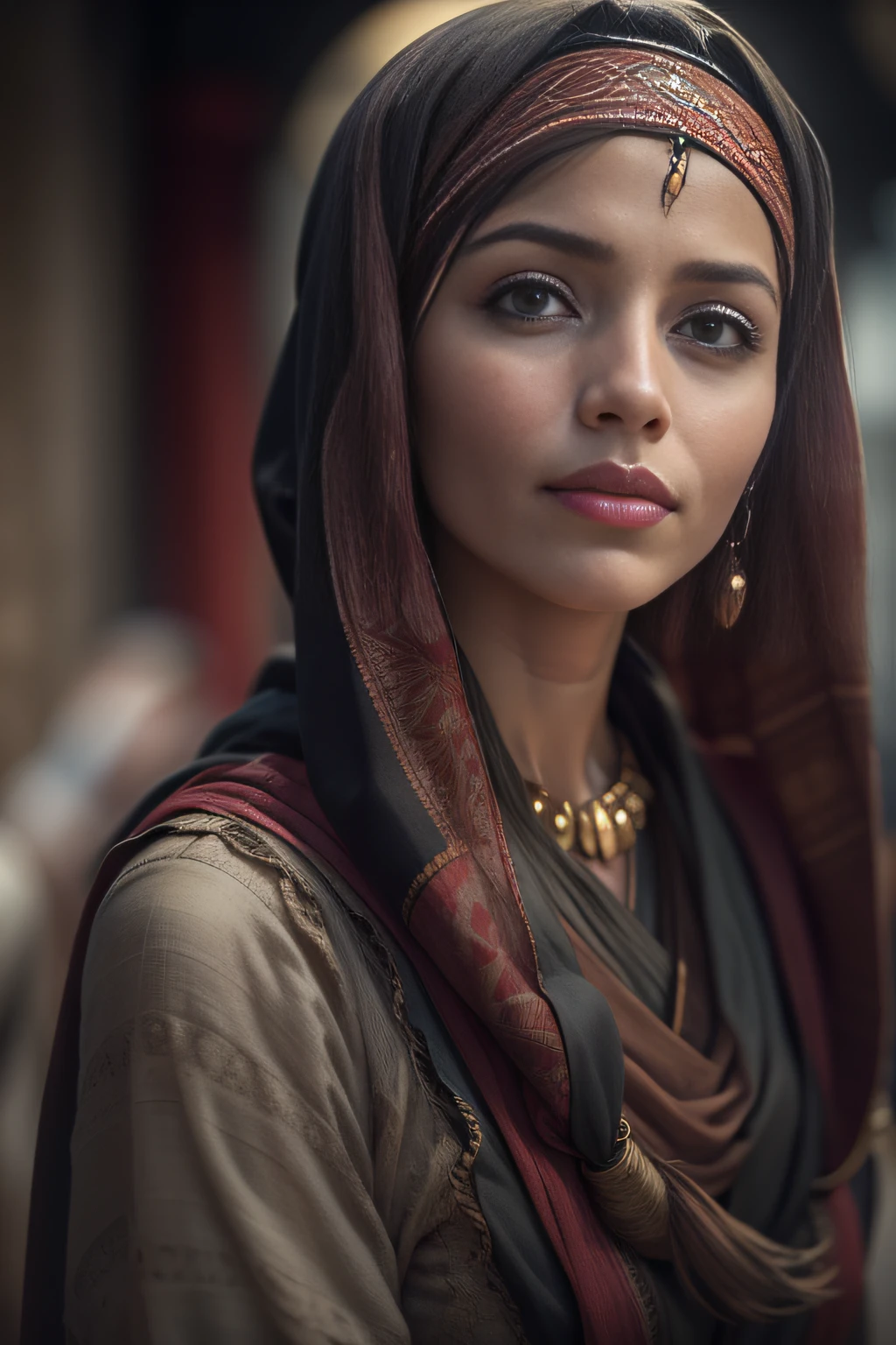 A beautiful woman,orientalisch wirkende frau,orientalisch gekleidet,Beautiful woman in the foreground,stadt weit im hintergrund,Beautiful woman looks at the camera,vor schwarzem hintergrund,blur