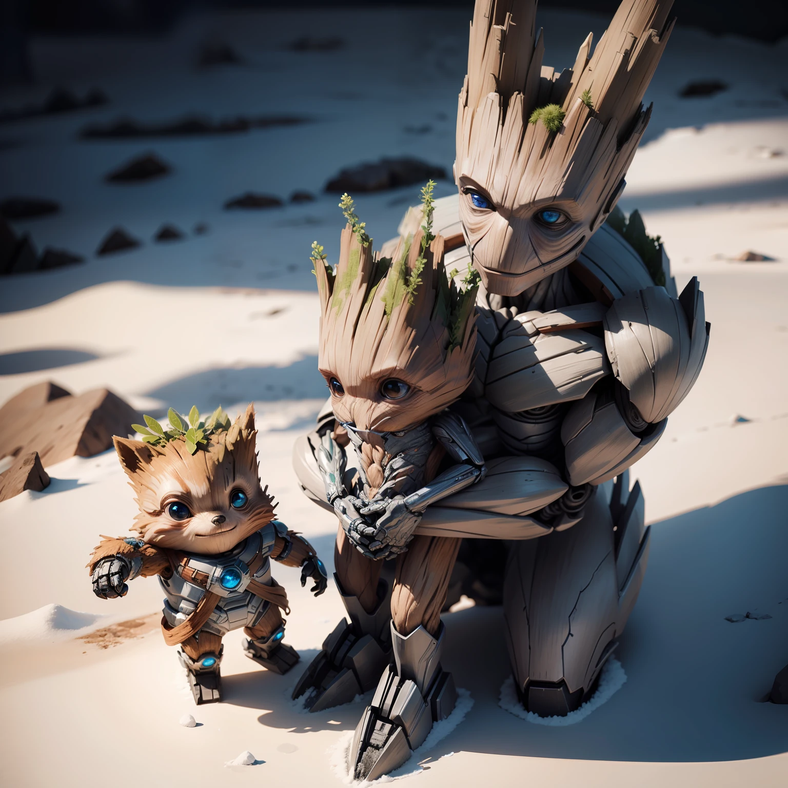 Draw for me the groot with its body half ice and the other half robot ultra-realistic and detailed. --auto