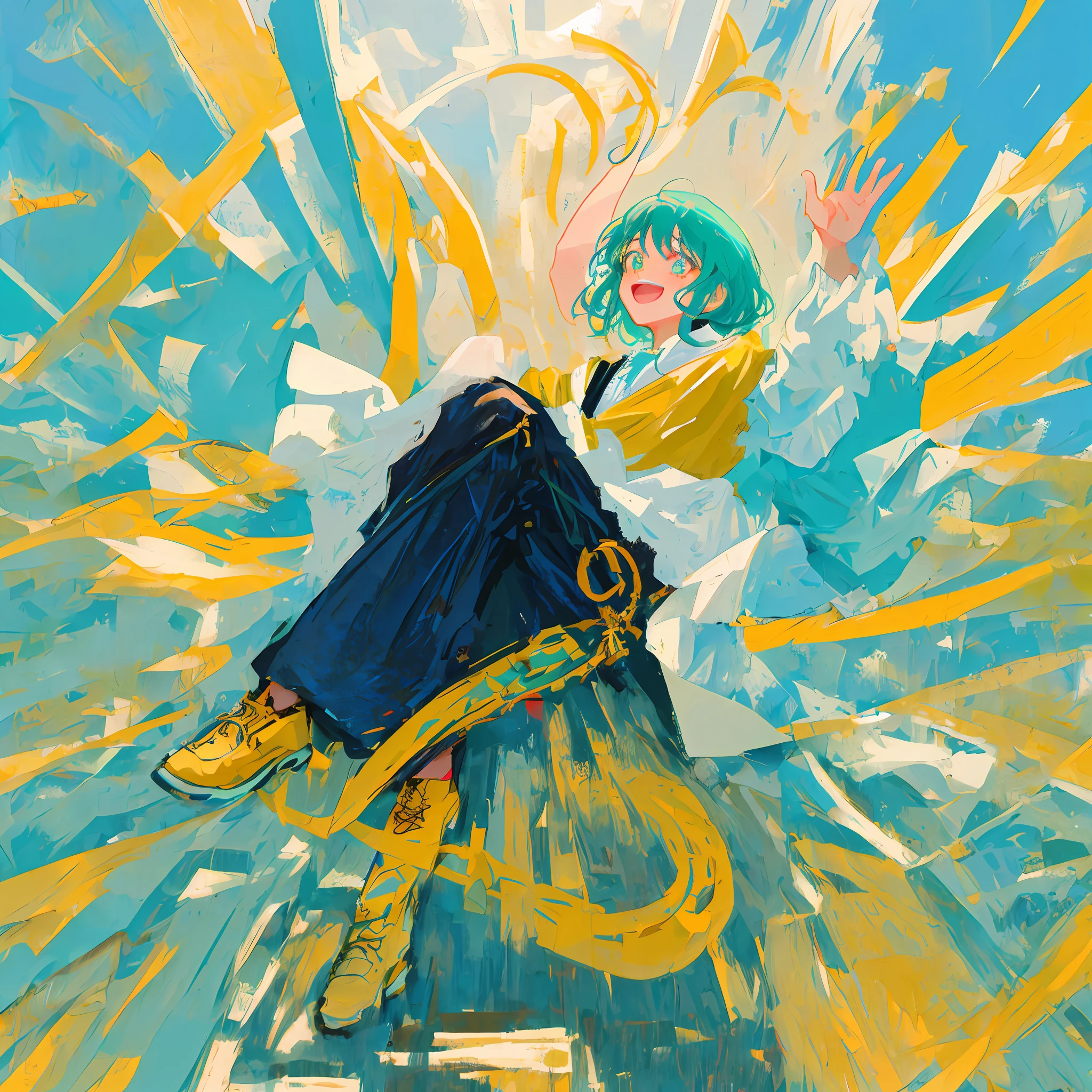 Yellow braid,Turquoise blue pupils,one-girl,Day man's face,Singing,adolable,big laughter,Full body photo