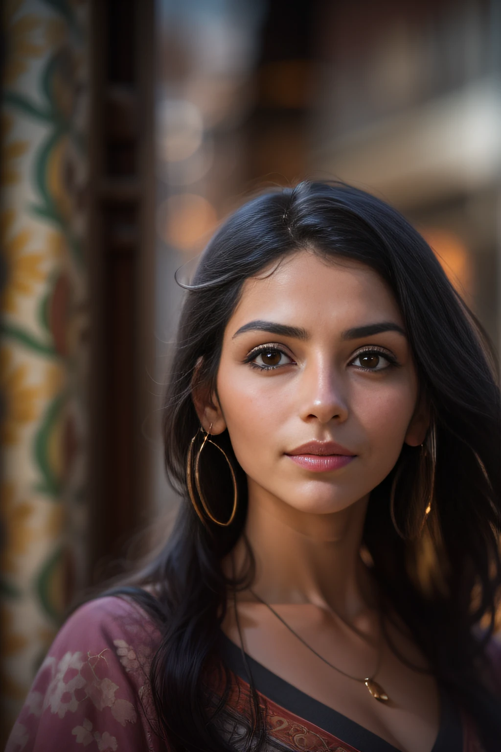 A beautiful woman,orientalisch wirkende frau,orientalisch gekleidet,Beautiful woman in the foreground,stadt weit im hintergrund,Beautiful woman looks at the camera,vor schwarzem hintergrund,blur
