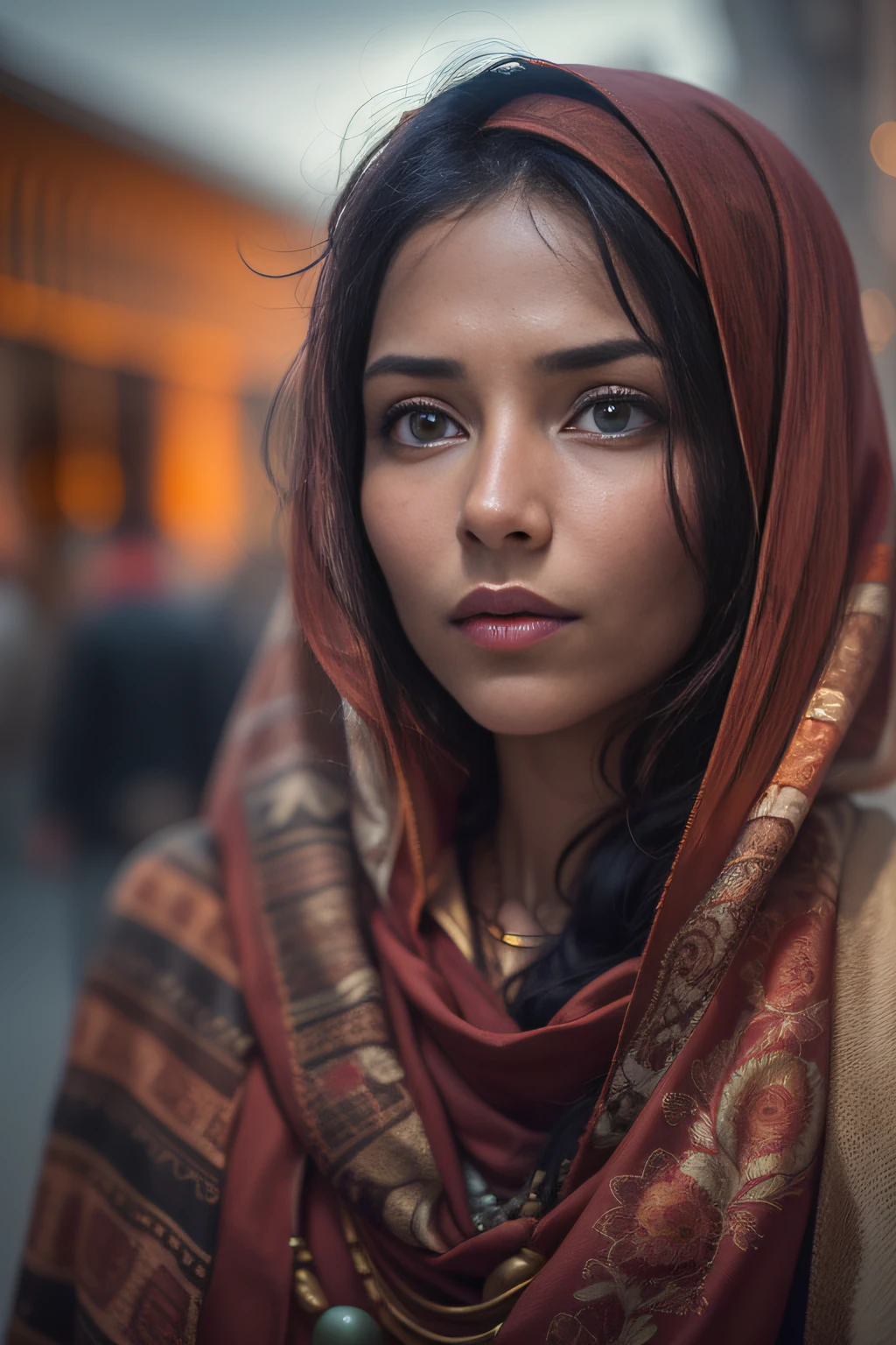 A beautiful woman,orientalisch wirkende frau,orientalisch gekleidet,Beautiful woman in the foreground,stadt weit im hintergrund,Beautiful woman looks at the camera,vor schwarzem hintergrund,blur