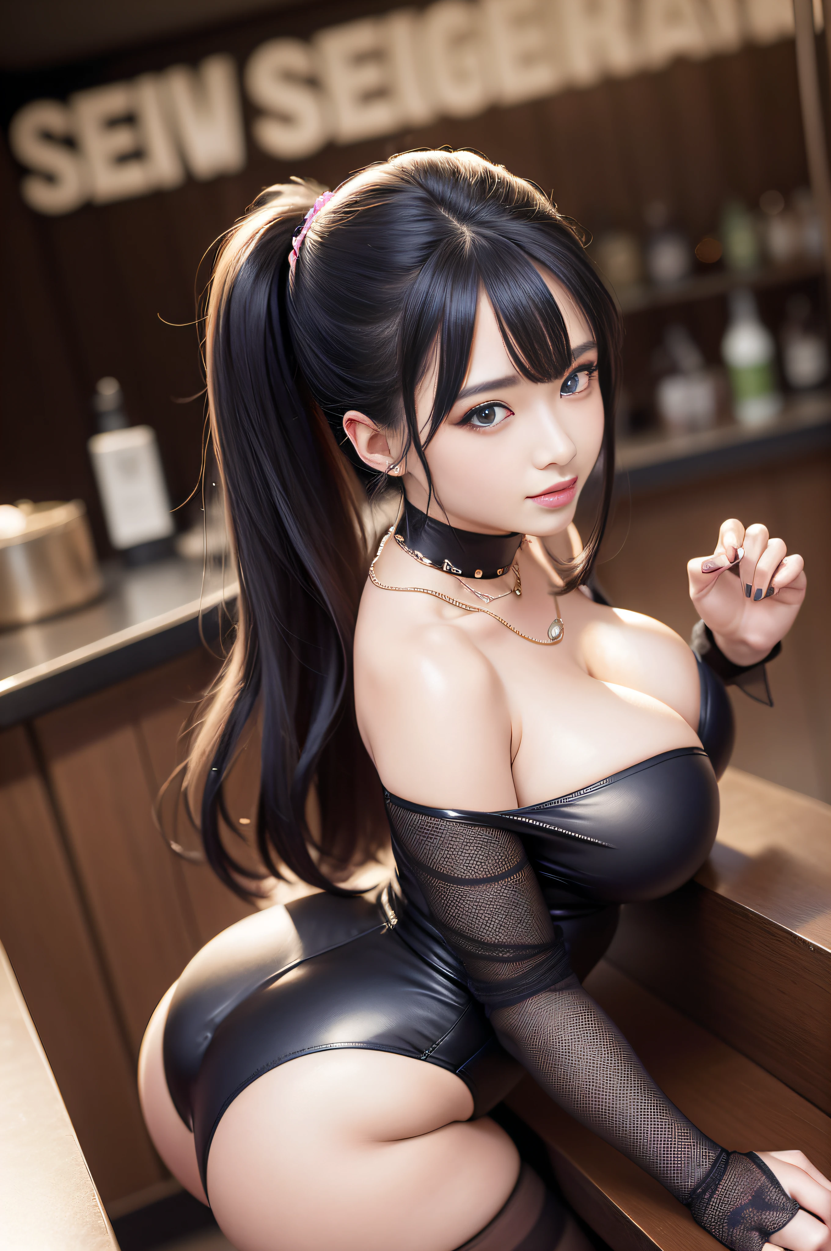 T back、Bright hair、Blue eyes、Clothes in flashy colors、poneyTail、Angle from above、Staring at the face、seductiv、New York、In a club、Pornstar Pose、Makeup thick、elegant seducing pose、Gorgeous young Japan woman、gorgeous model、Sexy Girls、various seducing poses、Beautuful Women,Photorealsitic、 worker、In a club、Work in a pleasure club、Hostess、top-quality、masterpiece、a 1 girl、独奏、A smile、Black knee-high stockings、Colossal tits、Black tights、Realistic and highest resolution、cleavage of the breast、Chest hollow、Shirt open、Unbuttoned、toned thighs、 perfect buttocks、Full body portrait、Parti,Colossal tits、Constriction waist、1 persons、Sexy clothes、Fancy colors、skirt by the、see -through、pantyhose、耳Nipple Ring、a necklace、A bracelet、Seductive eyes、a bar counter、dim room、