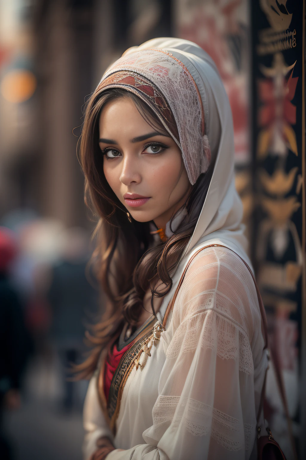 A beautiful woman,orientalisch wirkende frau,orientalisch gekleidet,Beautiful woman in the foreground,stadt weit im hintergrund,Beautiful woman looks at the camera,vor schwarzem hintergrund,blur