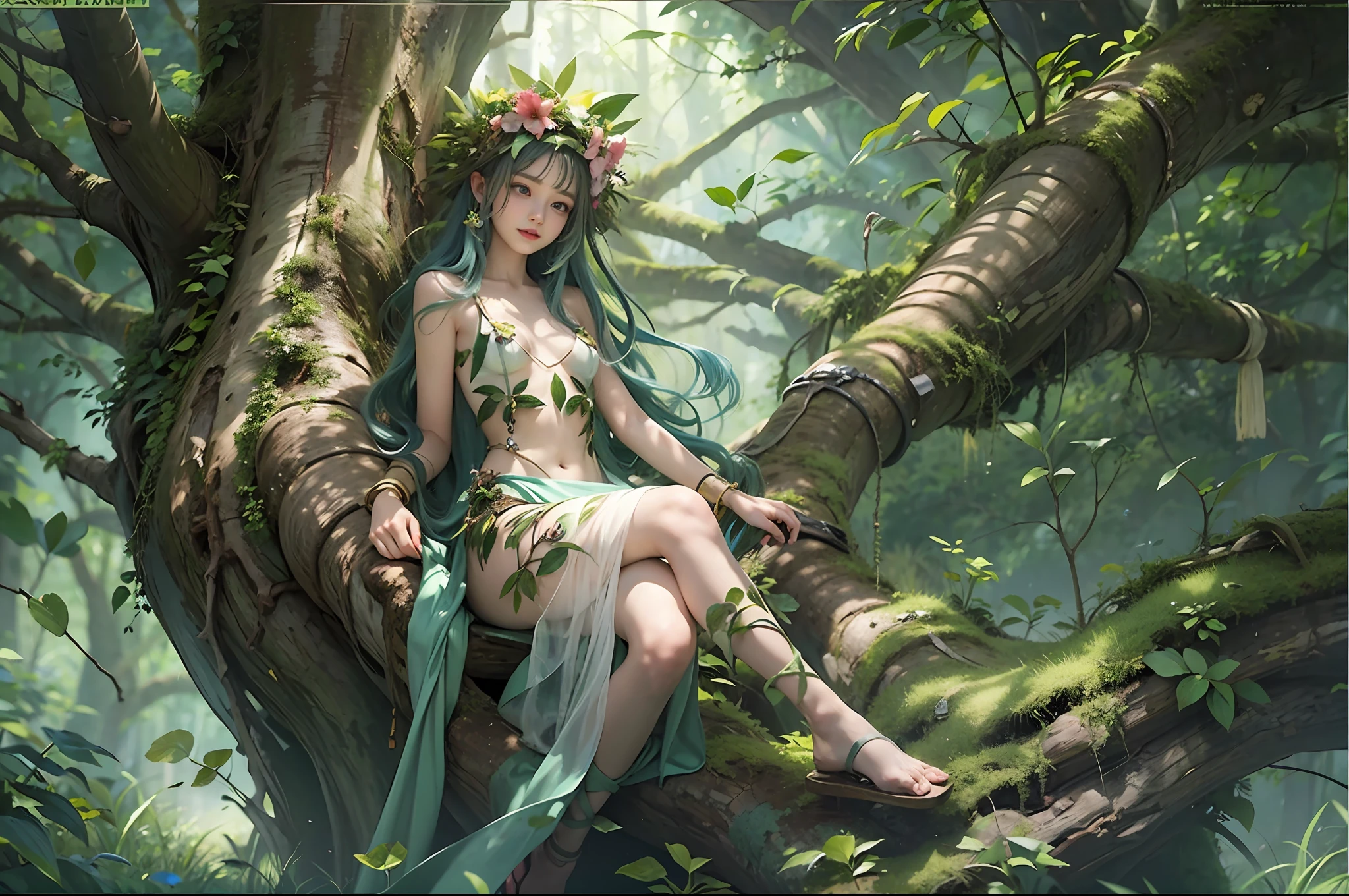 ​masterpiece, top-quality, 1 dryad、Slim body、small tits、exceptionally detailed anatomy, Leaf clothes、Leaves of the head,,,,,,、ssmile、lovely, emotive, Charming, Bewitching、Giant trees、Branch corridor、World Tree、Fantastical、Slim body、small tits、(((detailed and beautiful faces)))、beautidful eyes、、Tree Spirit、In the deep forest、Nymphs、myth 、PsyAI、Dynamic angles