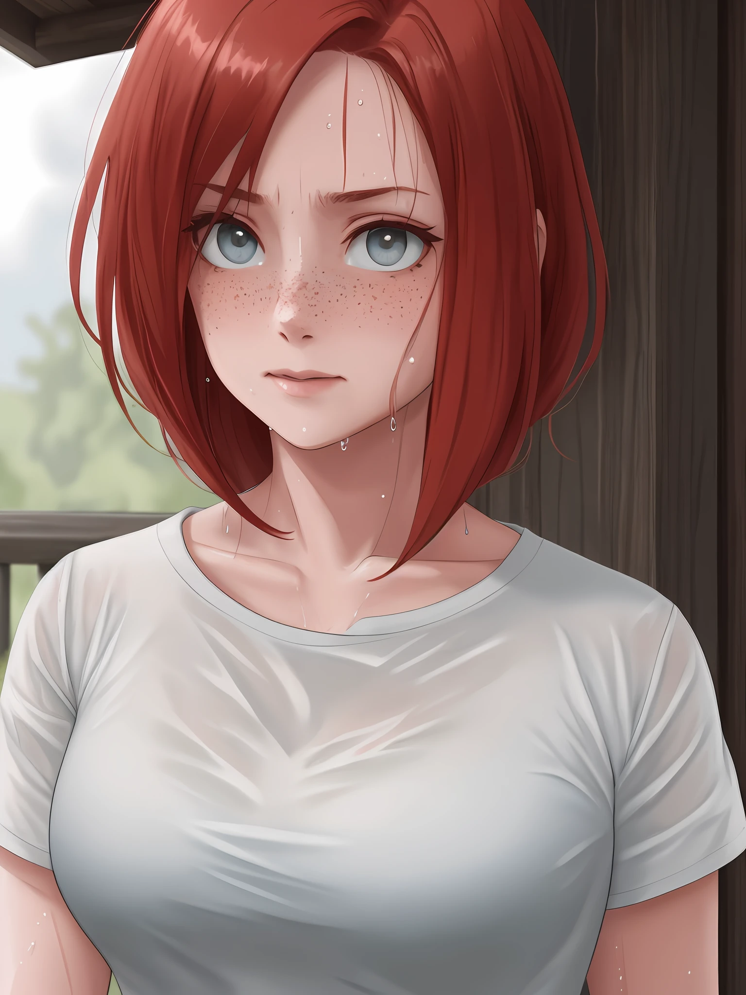 a portrait of a (soaking wet of a milk:1.2) redhead, freckles teacher is sitting on a porch, : white shirt : 18], visible through the white top t-shirt, slate atmosphere, cinematic, dimmed colors, dark shot, muted colors, film grainy, lut, insane details, intricate details, hyperdetailed, closeup, twilight