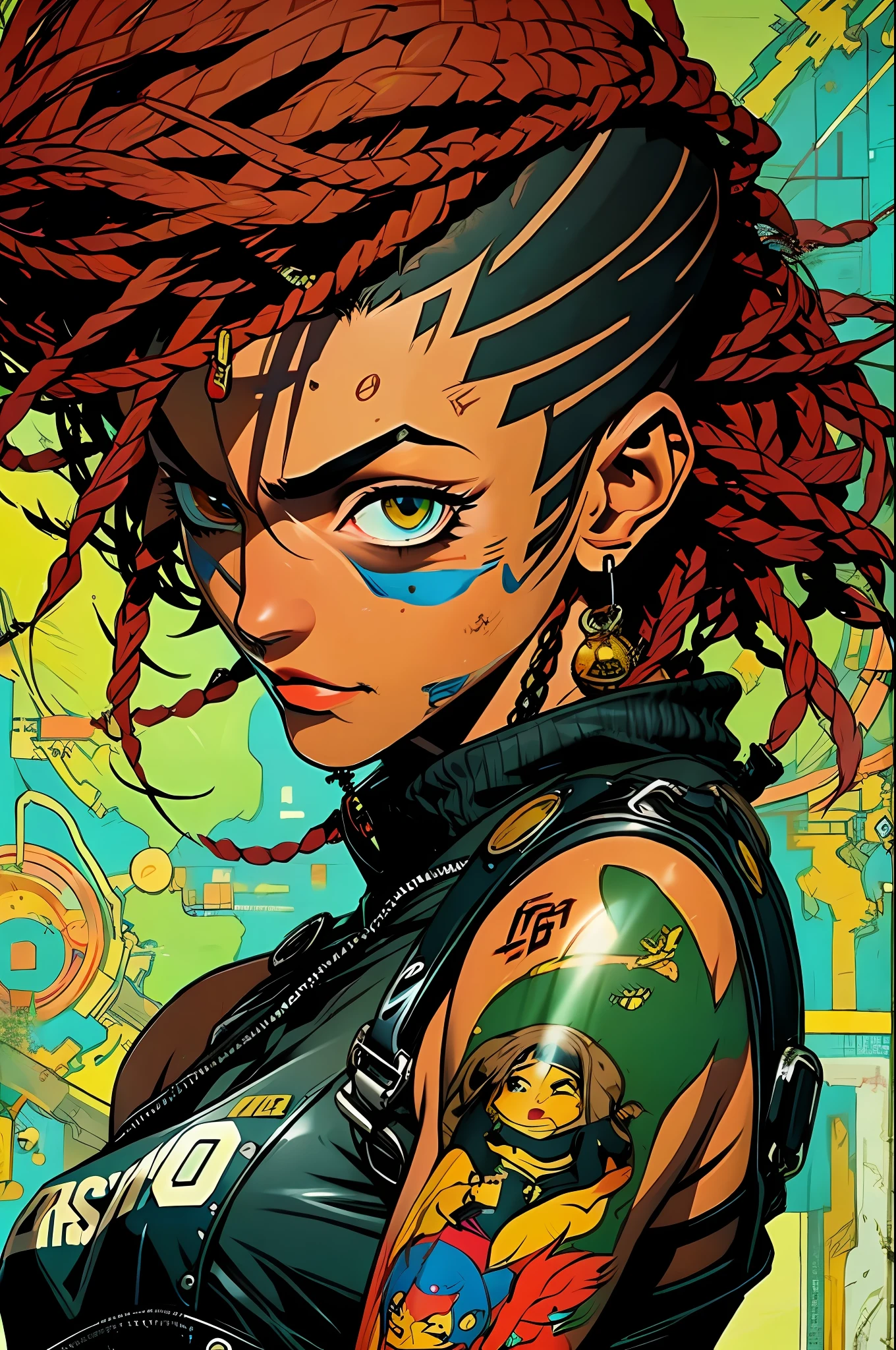 corpo inteiro, master part, best quality, super detalhe, 8k, mulher linda, Tank Girl com cara de maluca, sorriso malicioso , cabelo moicano colorido, garota punk, post-apocalyptic world, (( menina do tanque )), Nijistyle, roupas rasgadas e sujas, moicano curto, sides of shaved head, rosto limpo