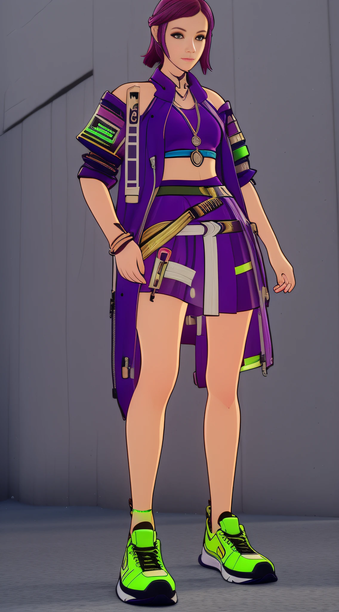 Cyberpunk Girl wearing a phosphorescent yellow green clothes and sneakers