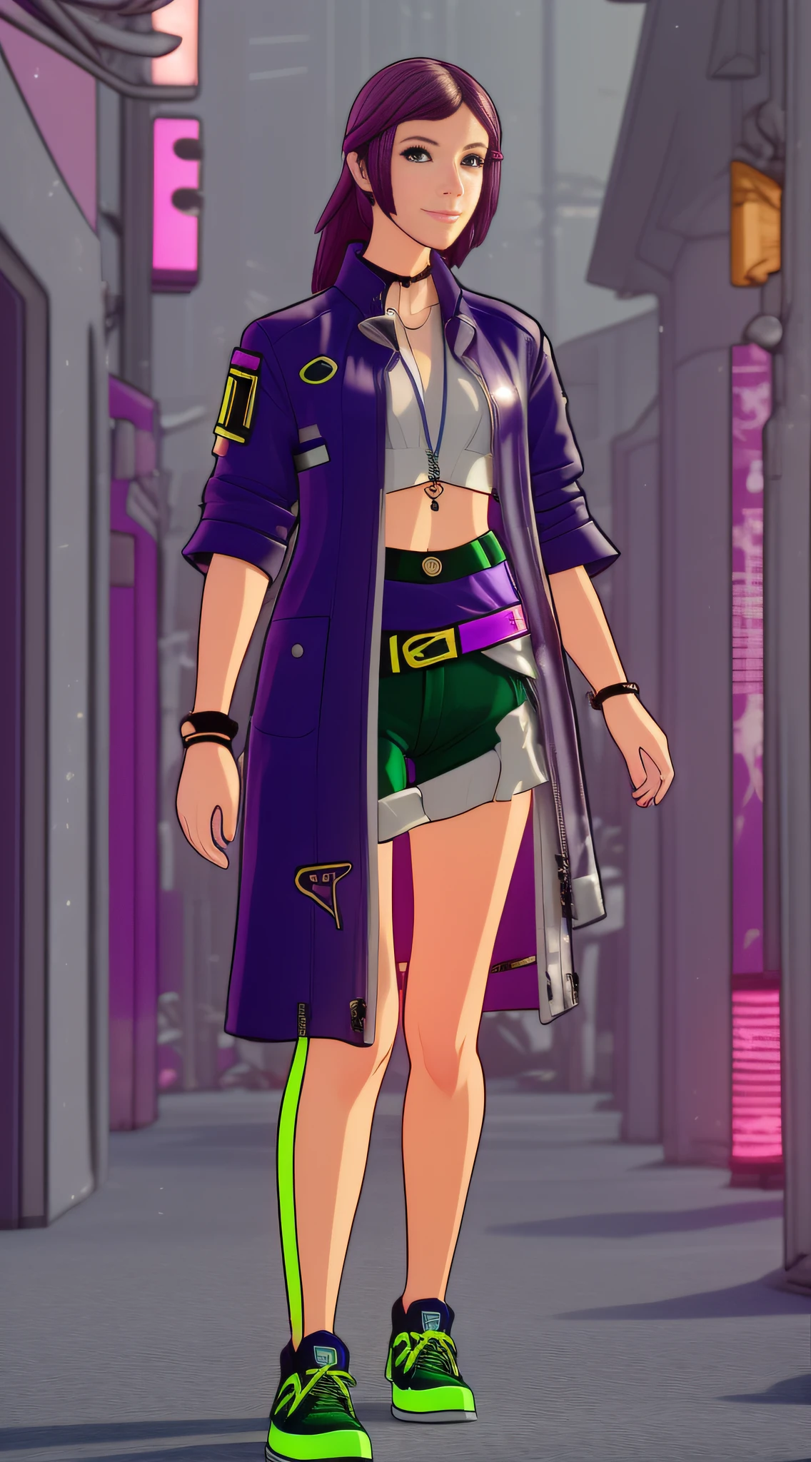 Cyberpunk Girl wearing a phosphorescent yellow green clothes and sneakers