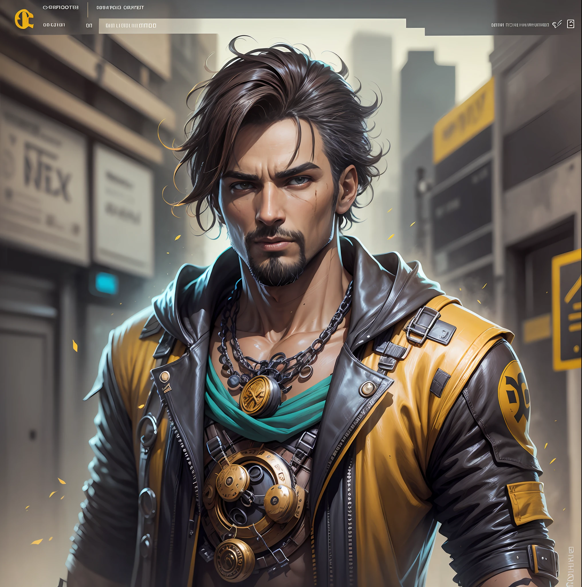 Create a DC comics style character, a man, hair blooming color, brown skin, different from those that exist, well detailed, tattered clothing, fortnite style scenery, high quality in details, looking at the front of the screen .