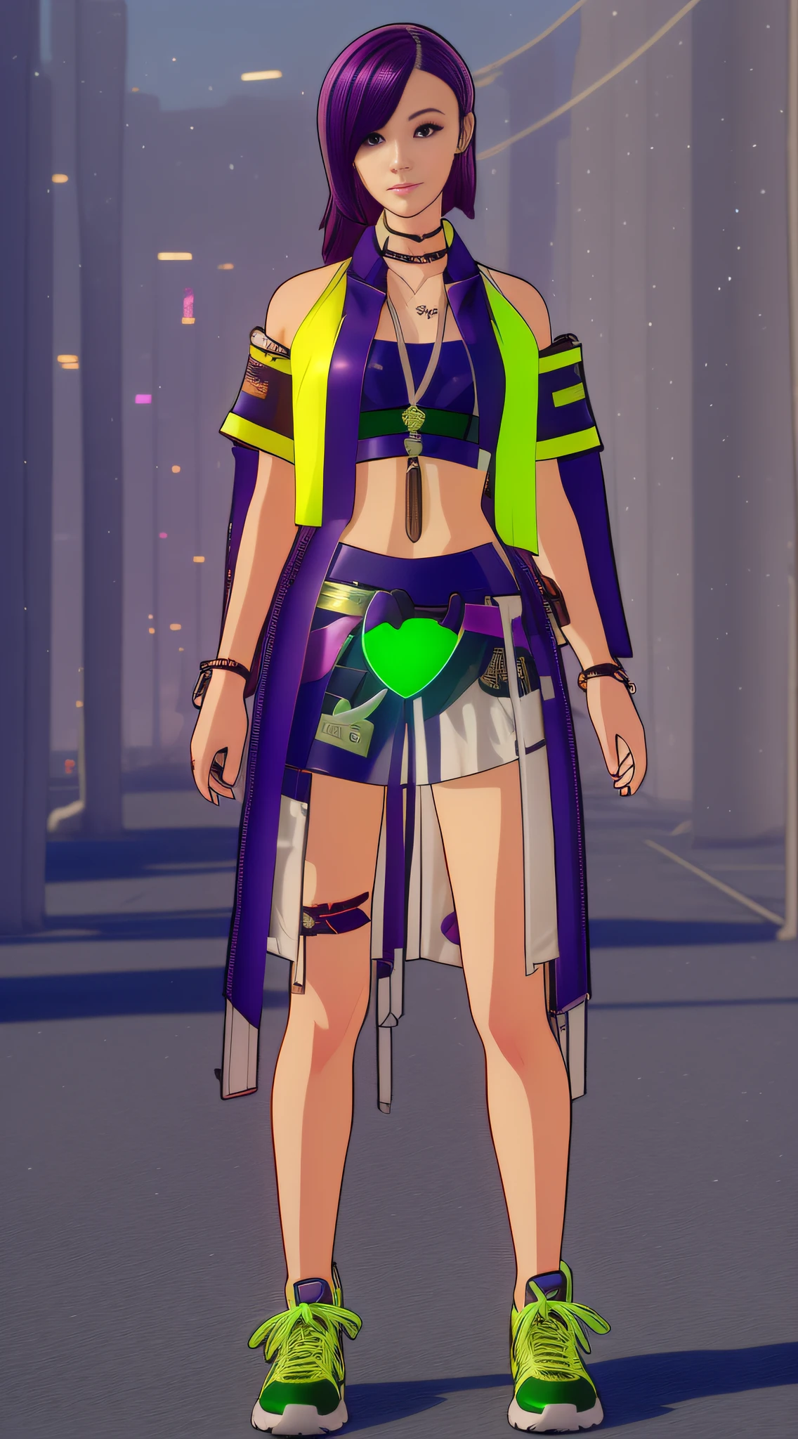 Cyberpunk Girl wearing a phosphorescent yellow green clothes and sneakers