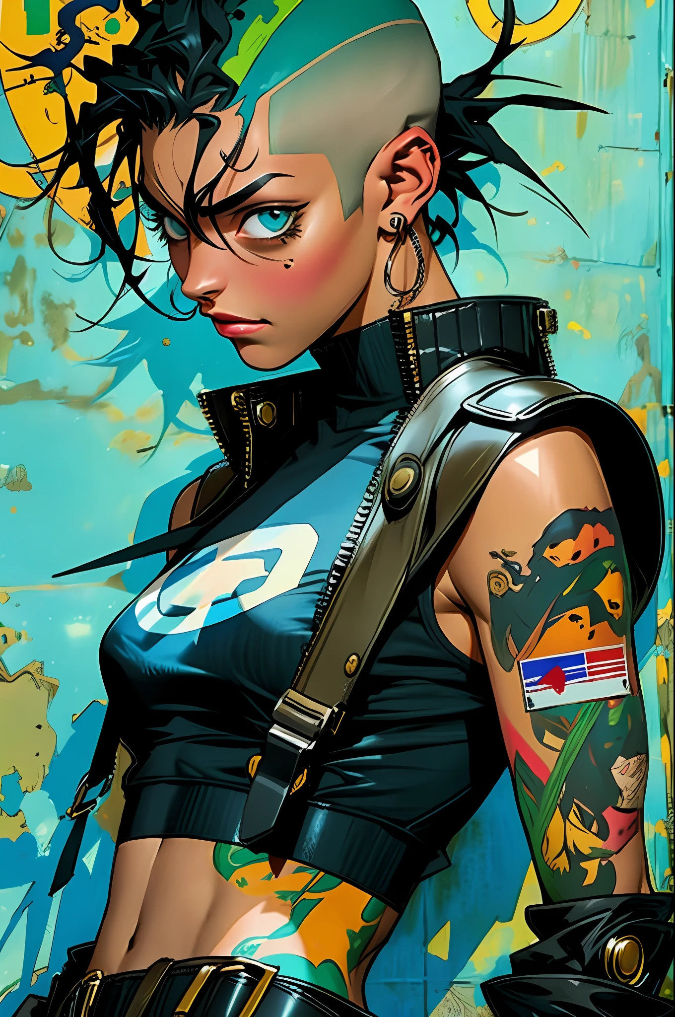 corpo inteiro, master part, best quality, super detalhe, 8k, mulher linda, Tank Girl com cara de maluca, sorriso malicioso , cabelo moicano colorido, garota punk, post-apocalyptic world, (( menina do tanque )), Nijistyle, roupas rasgadas e sujas, moicano curto, sides of shaved head, rosto limpo