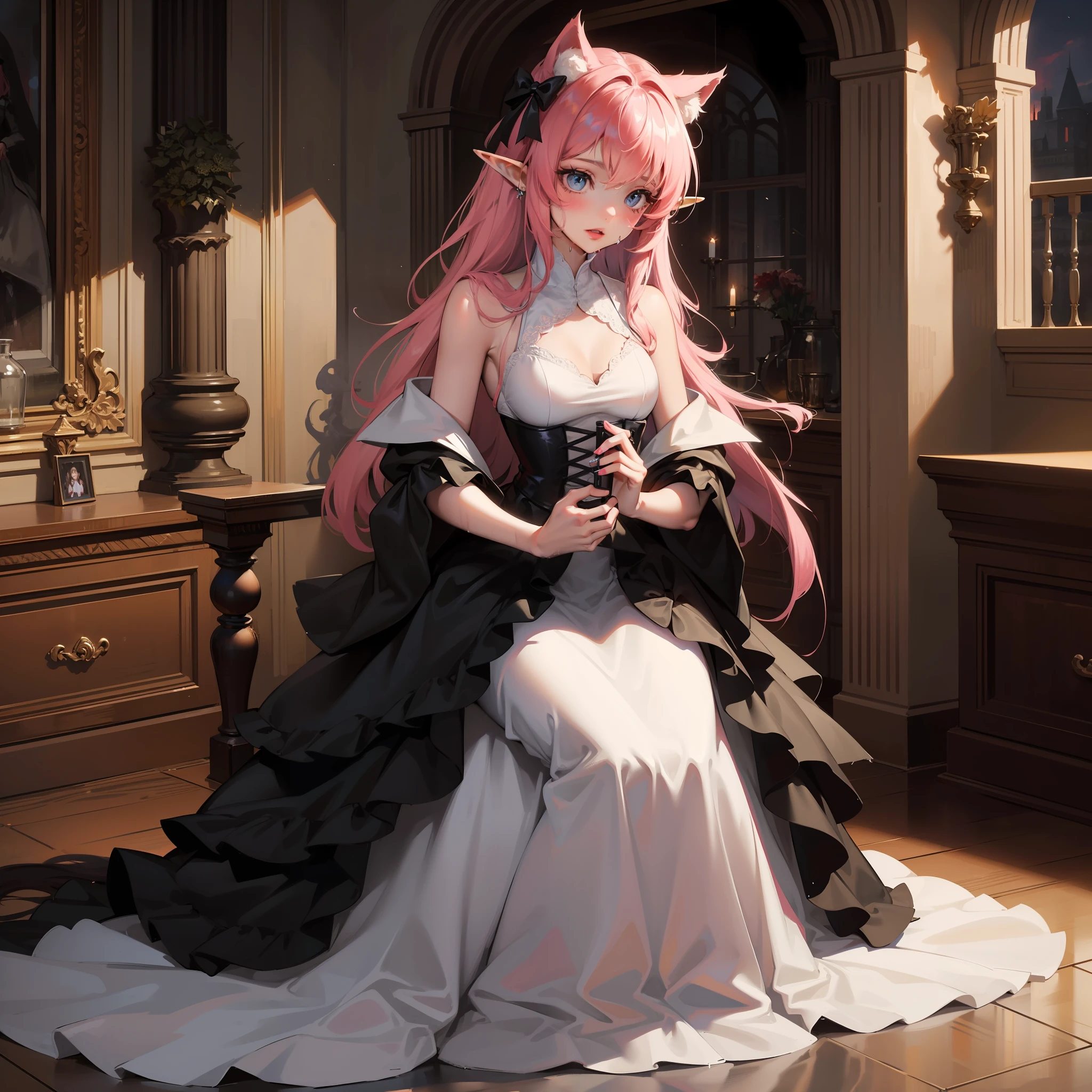 A young woman with pink hair with black horns, elf ears and cat ears in an abandoned Gothic palace wearing a wet black wedding dress