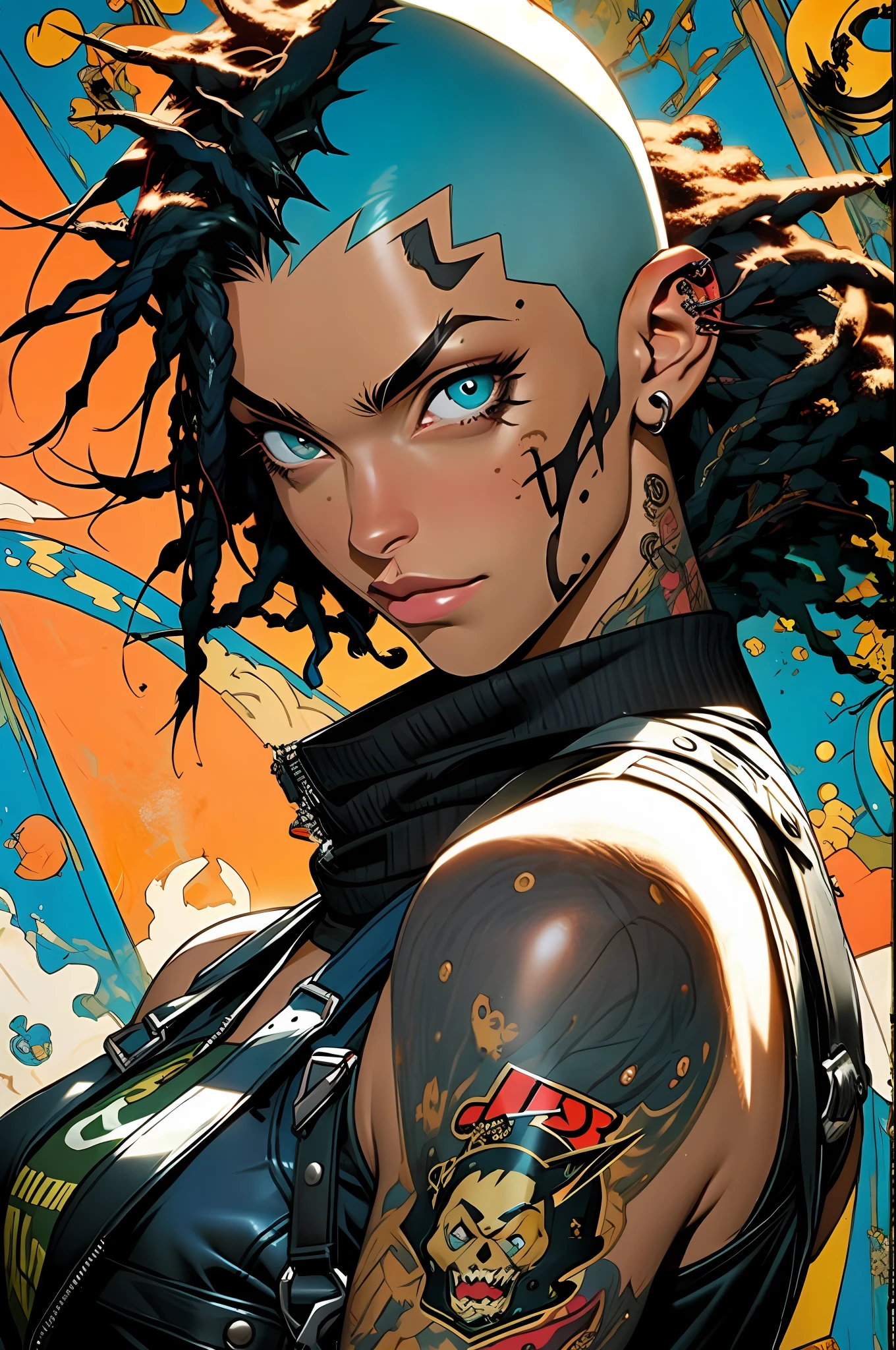 corpo inteiro, master part, best quality, super detalhe, 8k, mulher linda, Tank Girl com cara de maluca, sorriso malicioso , cabelo moicano colorido, garota punk, post-apocalyptic world, (( do tanque )), Nijistyle, roupas rasgadas e sujas, moicano curto, sides of shaved head, rosto limpo