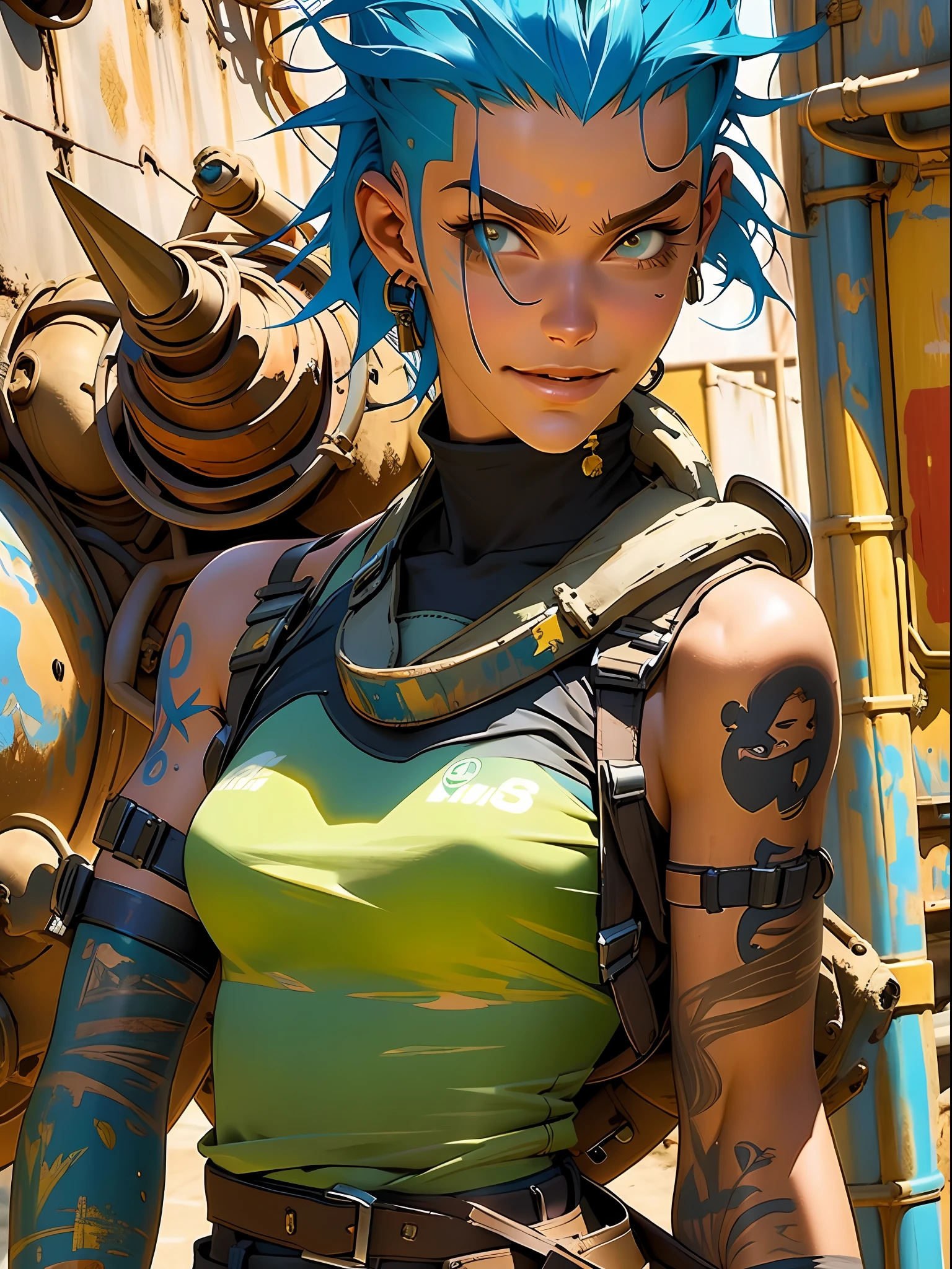 corpo inteiro, master part, best quality, super detalhe, 8k, mulher linda, Tank Girl com cara de maluca, sorriso malicioso , cabelo moicano colorido, garota punk, post-apocalyptic world, (( ****** do tanque )), Nijistyle, roupas rasgadas e sujas, moicano curto, sides of shaved head, rosto limpo