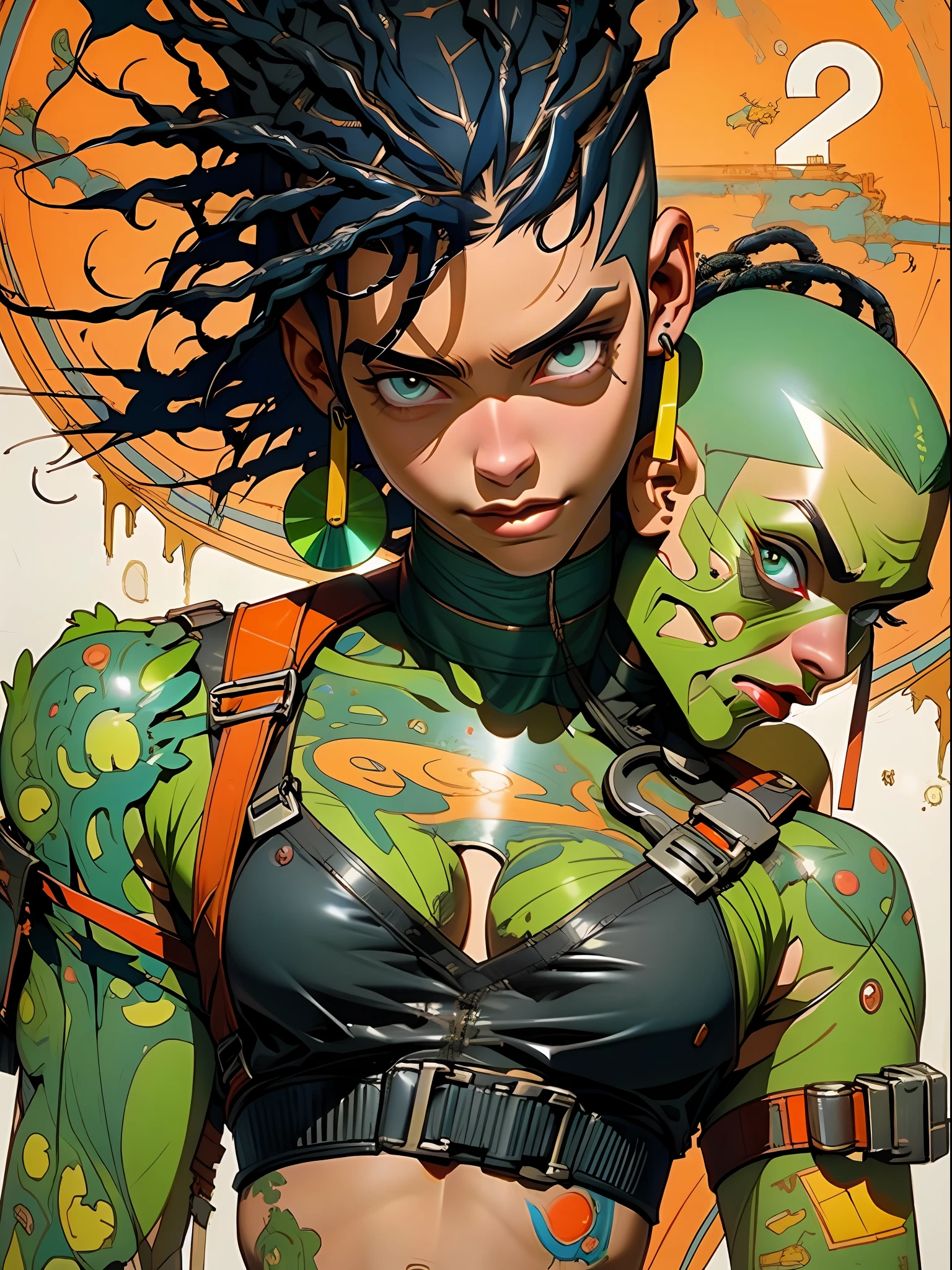 corpo inteiro, master part, best quality, super detalhe, 8k, mulher linda, Tank Girl com cara de maluca, sorriso malicioso , cabelo moicano colorido, garota punk, post-apocalyptic world, (( menina do tanque )), Nijistyle, roupas rasgadas e sujas, moicano curto, sides of shaved head, rosto limpo