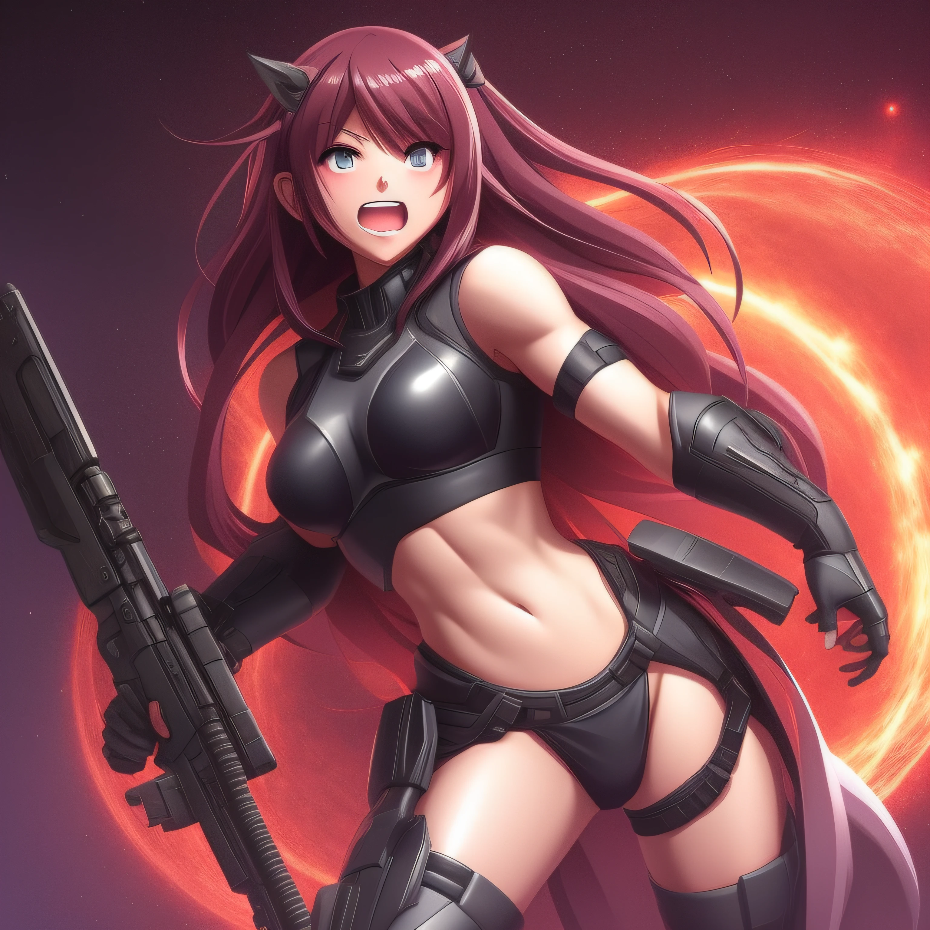 A sci-fi anime girl with a sinister, cackling laugh, anime teeth, her body in a powerful stance, looking away from the viewer, her delicate features illuminated by a menacing, armed. --auto