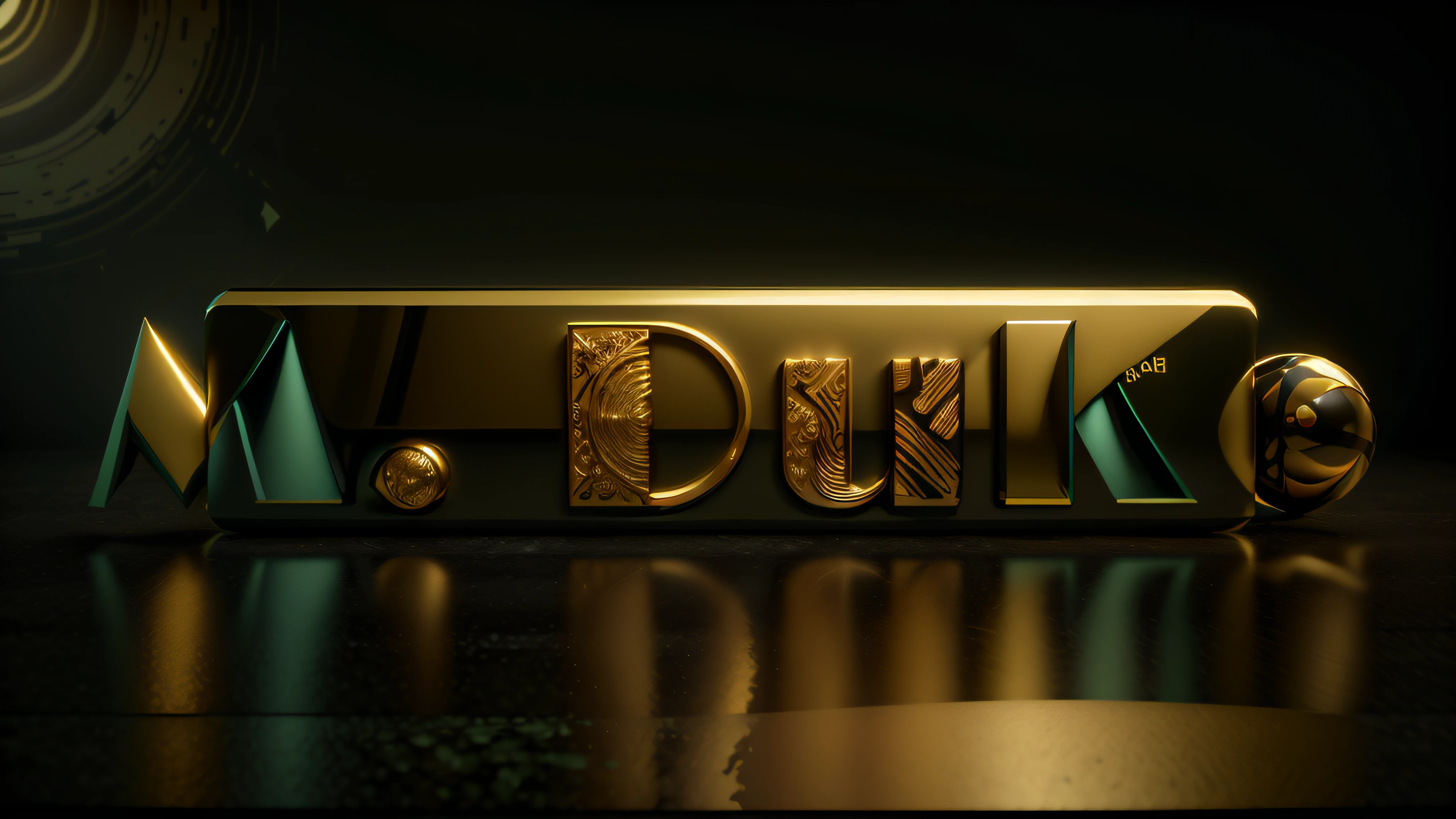 Luxury logo with the title M. duque, 3D-rendering, 8k, NVIDIA, ray-traced, Bokeh, Fulgurar, luz e sombras realistas, Green marble floor with gold