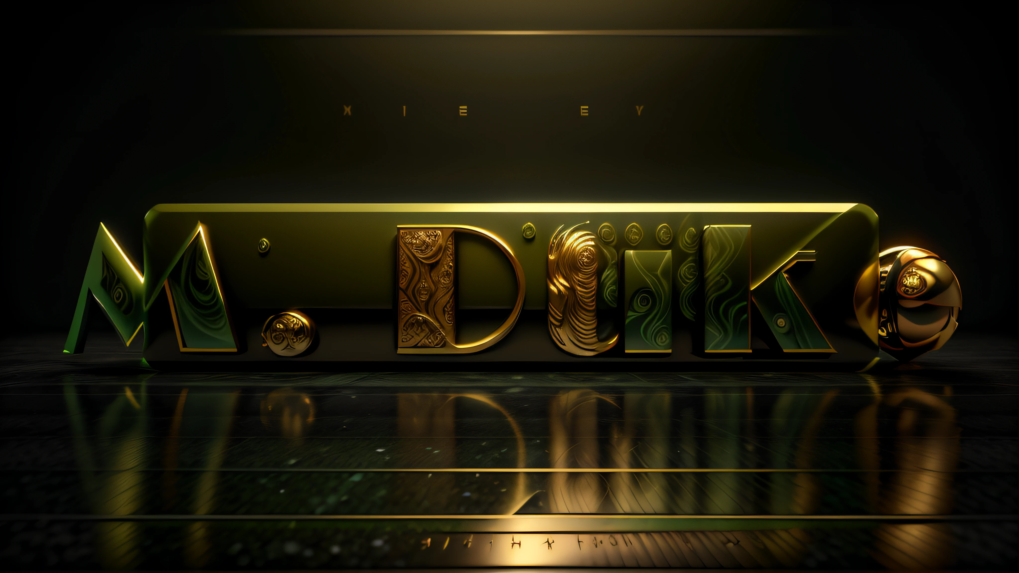 Luxury logo with the title M. duque, 3D-rendering, 8k, NVIDIA, ray-traced, Bokeh, Fulgurar, luz e sombras realistas, Green marble floor with gold