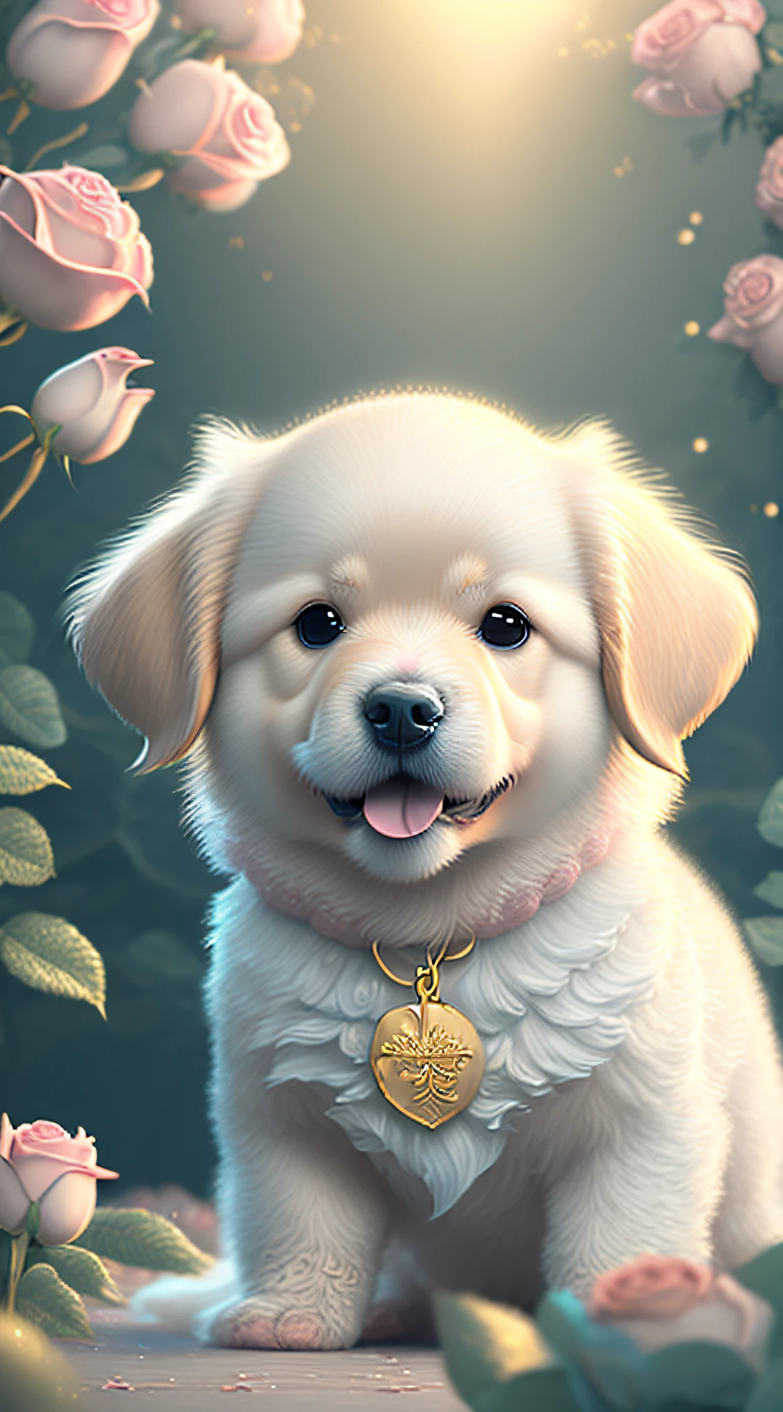 Nesta arte CG ultra-detalhada, Cute dog gold retriever surrounded by ethereal roses, risos, melhor qualidade, alta resolução, detalhes intrincados, fantasia, animais bonitos, esquerda, humorous.