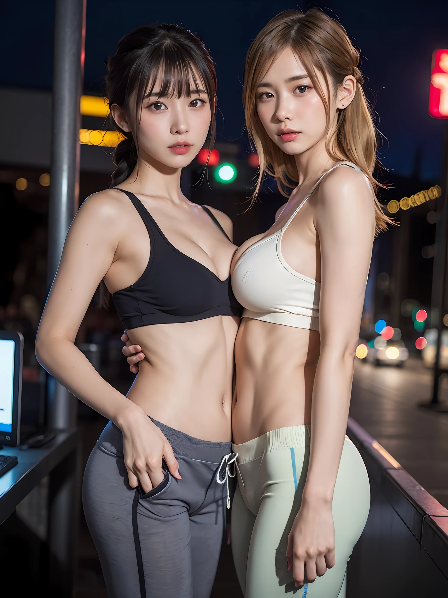 (8K、Raw photography、top-quality、​masterpiece:1.2)、(realisitic、Photorealsitic:1.37)、超A high resolution、depth of fields、Caustics、FujifilmXT3、​masterpiece、ultra-detailliert、(2 girls in)、 and 28 years old、lesbian、Shinjuku's neon streets、natta、Night view of the building city、(Short transparent tank top、No bra、sweat pant、Panchira、T back)、slenderbody、Sexy navel、(((small tits)))、[big butts]、[thick waist]、Blonde braided hair、striated hair、a small face、cowboy  shot、Camel toe、The shape of the and pubic area is clearly visible、erotick、female dog、dark suntan line、Dark skin、Dark tanning line、Naughty look、bumps protruding from clothes,、Anatomically correct human structure、Areola showing through、Hitomini Honda、