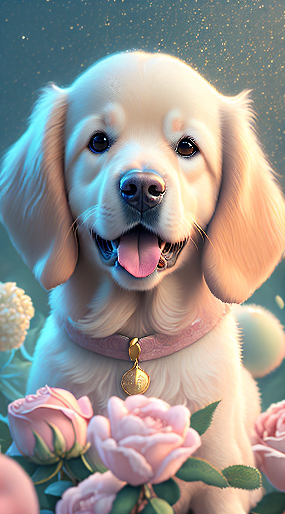 Nesta arte CG ultra-detalhada, Cute dog, da raça golden retriever surrounded by ethereal roses, risos, melhor qualidade, alta resolução, detalhes intrincados, fantasia, animais bonitos, esquerda, humorous.