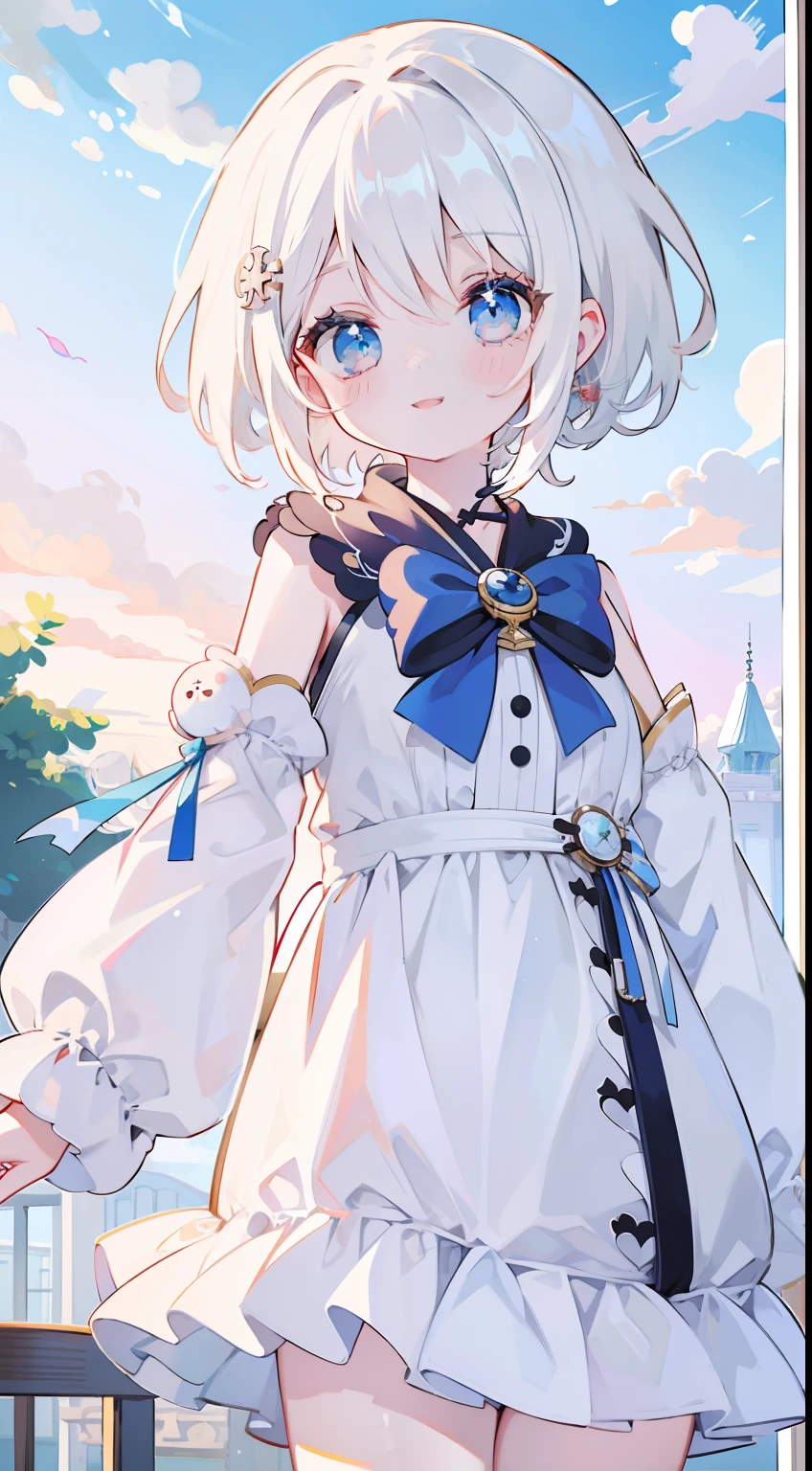 One girl、white hair、Long、masterpiece、top-quality、Top image quality、cute little、onepiece、morning、ren、smil