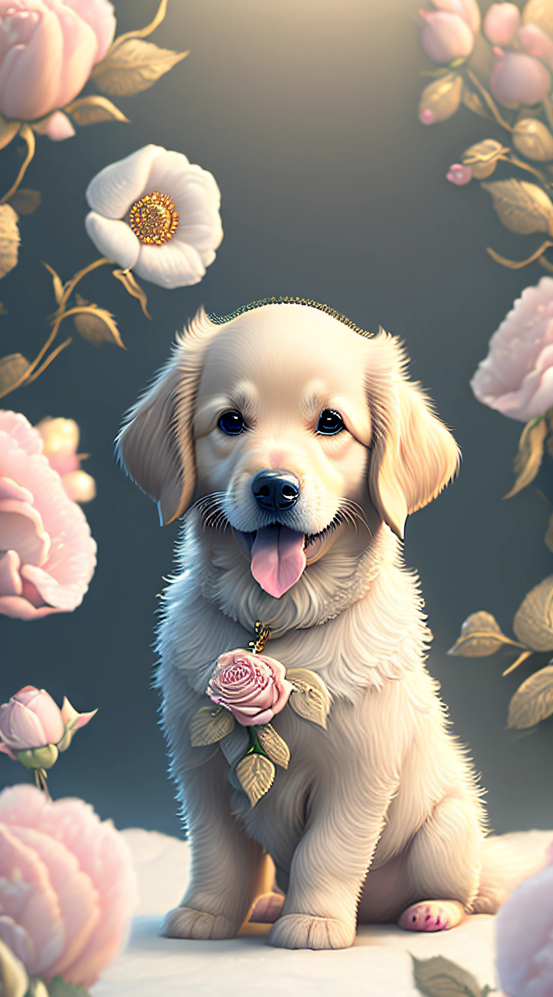 Nesta arte CG ultra-detalhada, Cute dog, da raça golden retriever surrounded by ethereal roses, risos, melhor qualidade, alta resolução, detalhes intrincados, fantasia, animais bonitos, esquerda, humorous.