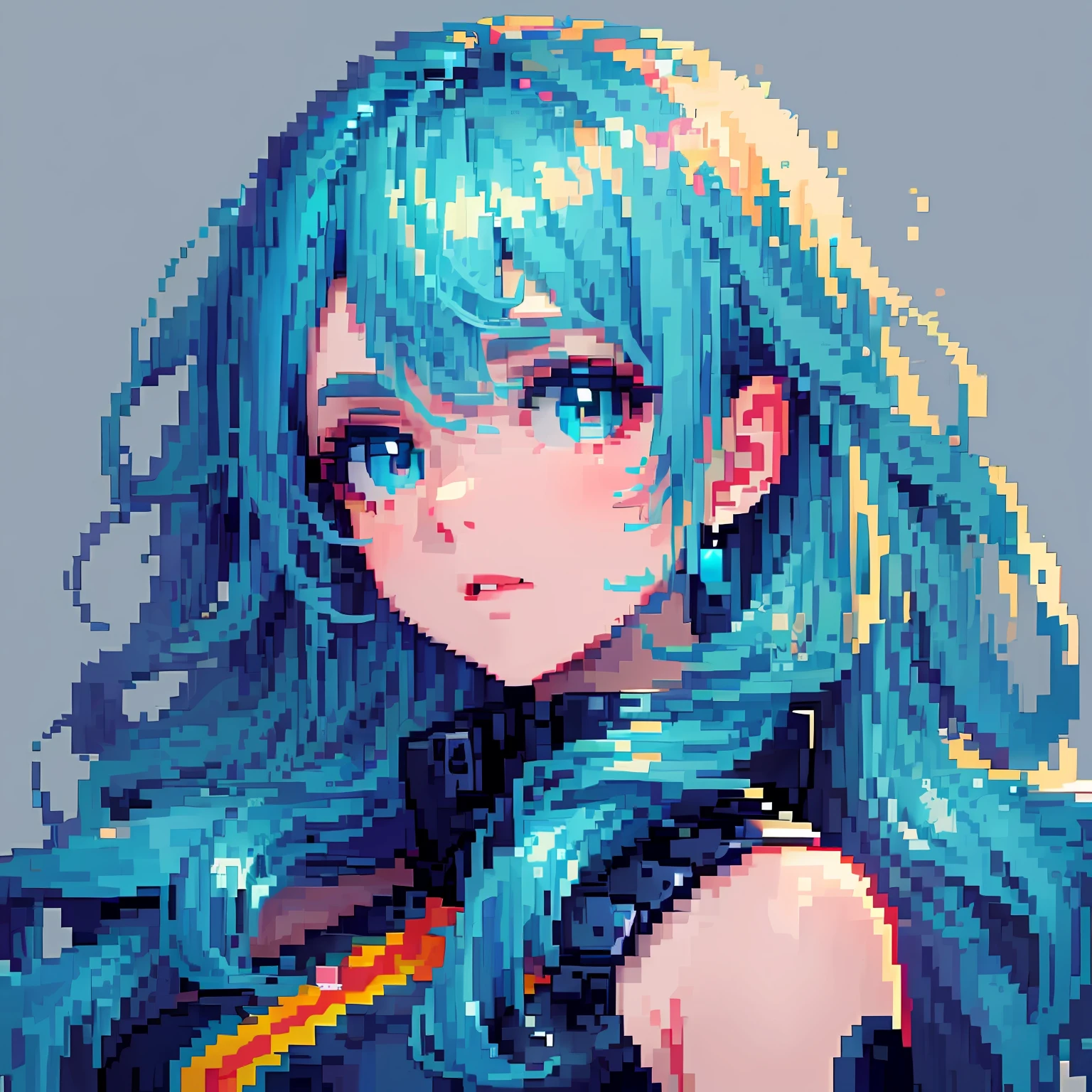 ((in the style of pixel art)), pixel, 4 bits pixel art, 1girl, close-up, face only, dark blue hair, inner light hair, cyan eyes, aqua eyes, light particles, big hair, wavy hair, very long hair, pixel official art, absurd res, looking at viewer, solo focus, dynamic angle, head tilt, simple background, gray background, ultra detailed pixel art