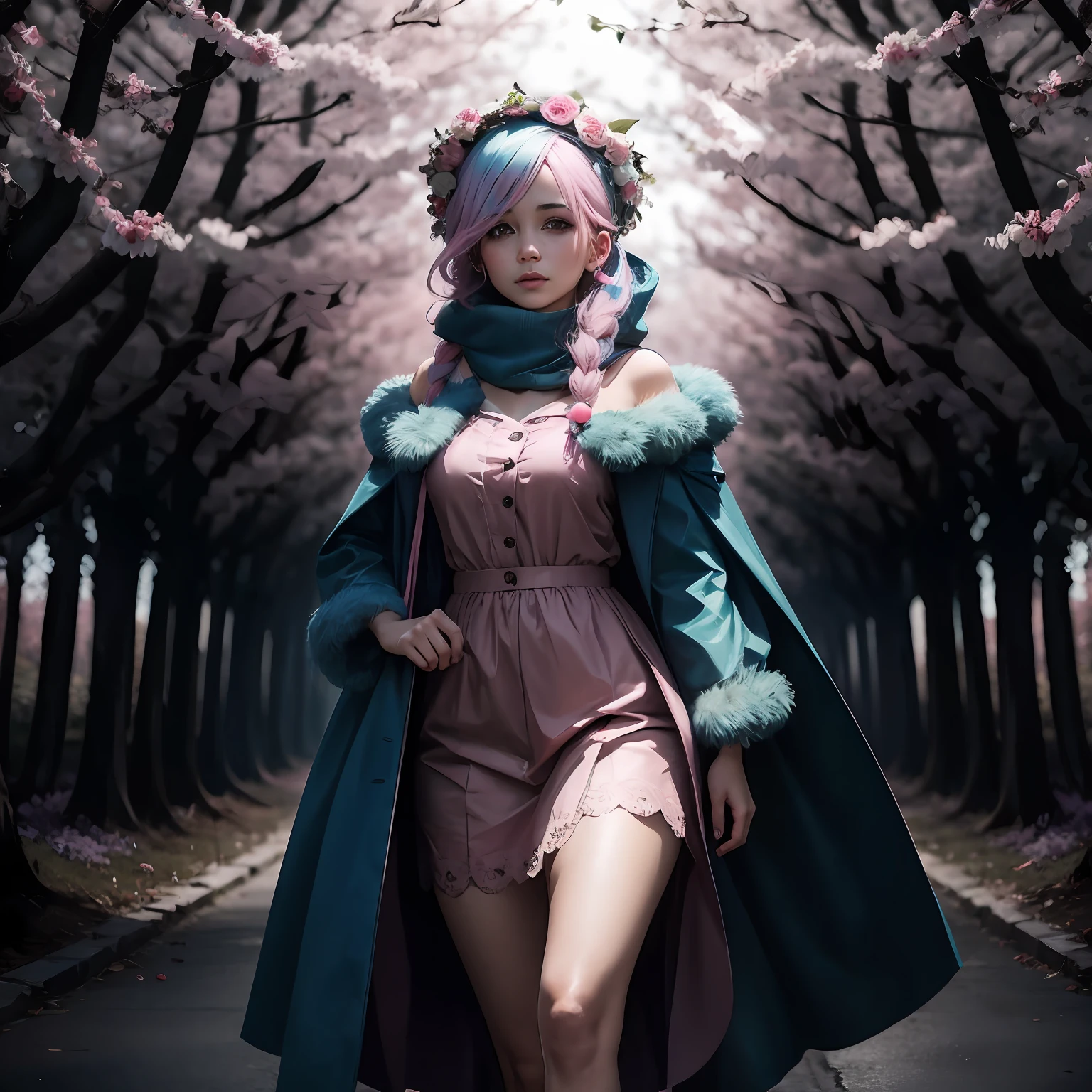 Create a wallpaper of a woman with light blue and pink hair with a wreath on her head walking in a cherry forest --auto