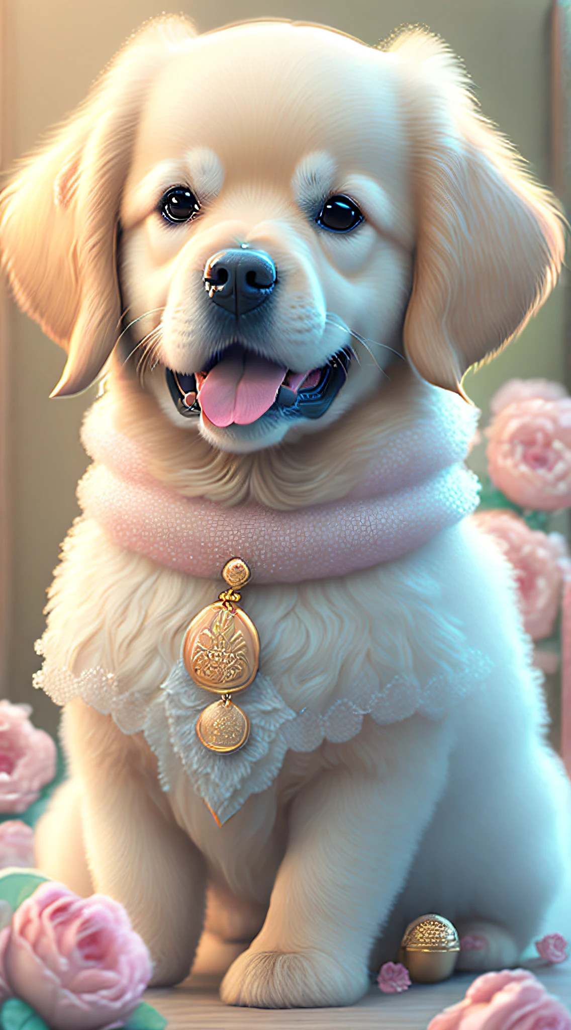 Nesta arte CG ultra-detalhada, Cute dog, da raça golden retriever surrounded by ethereal roses, risos, melhor qualidade, alta resolução, detalhes intrincados, fantasia, animais bonitos, esquerda, humorous.
